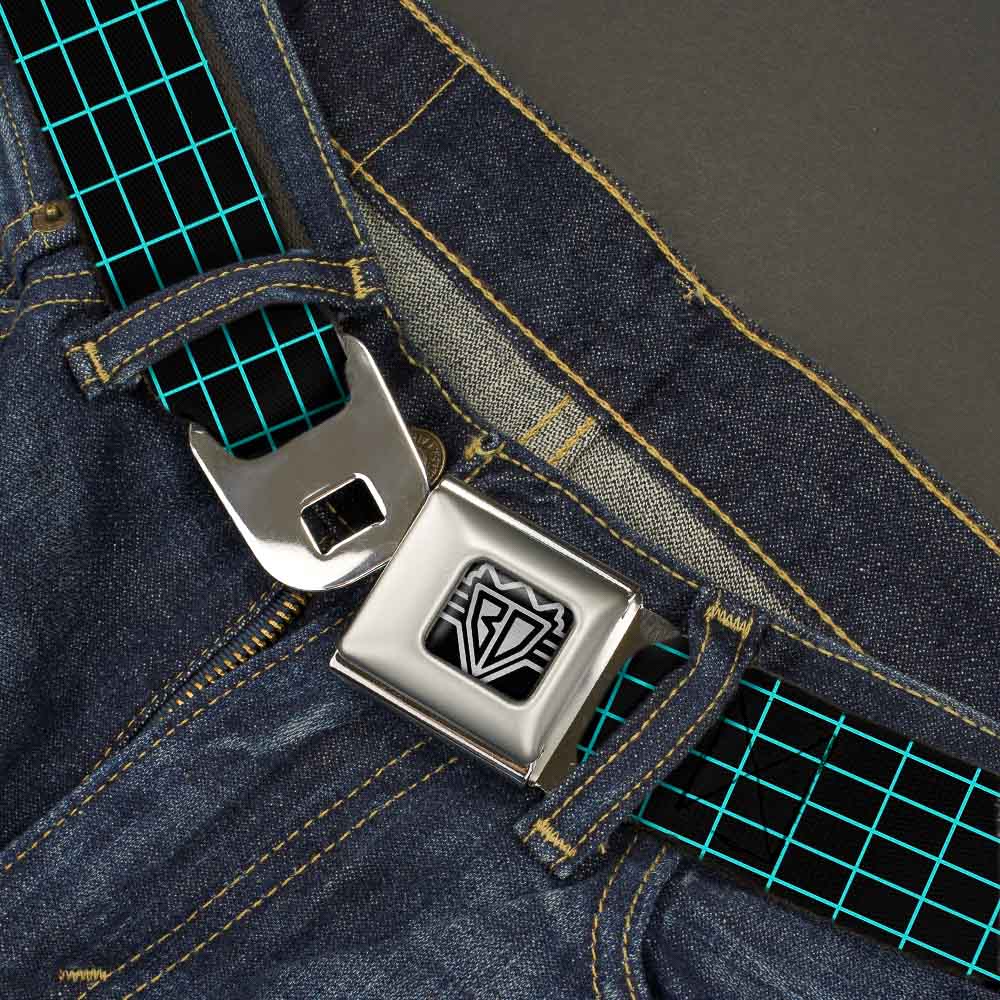 BD Wings Logo CLOSE-UP Full Color Black Silver Seatbelt Belt - Wire Grid Black/Blue Webbing Seatbelt Belts Buckle-Down
