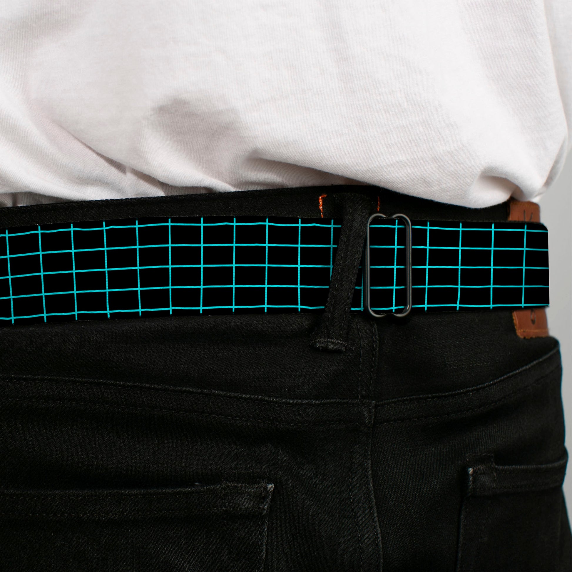 BD Wings Logo CLOSE-UP Full Color Black Silver Seatbelt Belt - Wire Grid Black/Blue Webbing Seatbelt Belts Buckle-Down