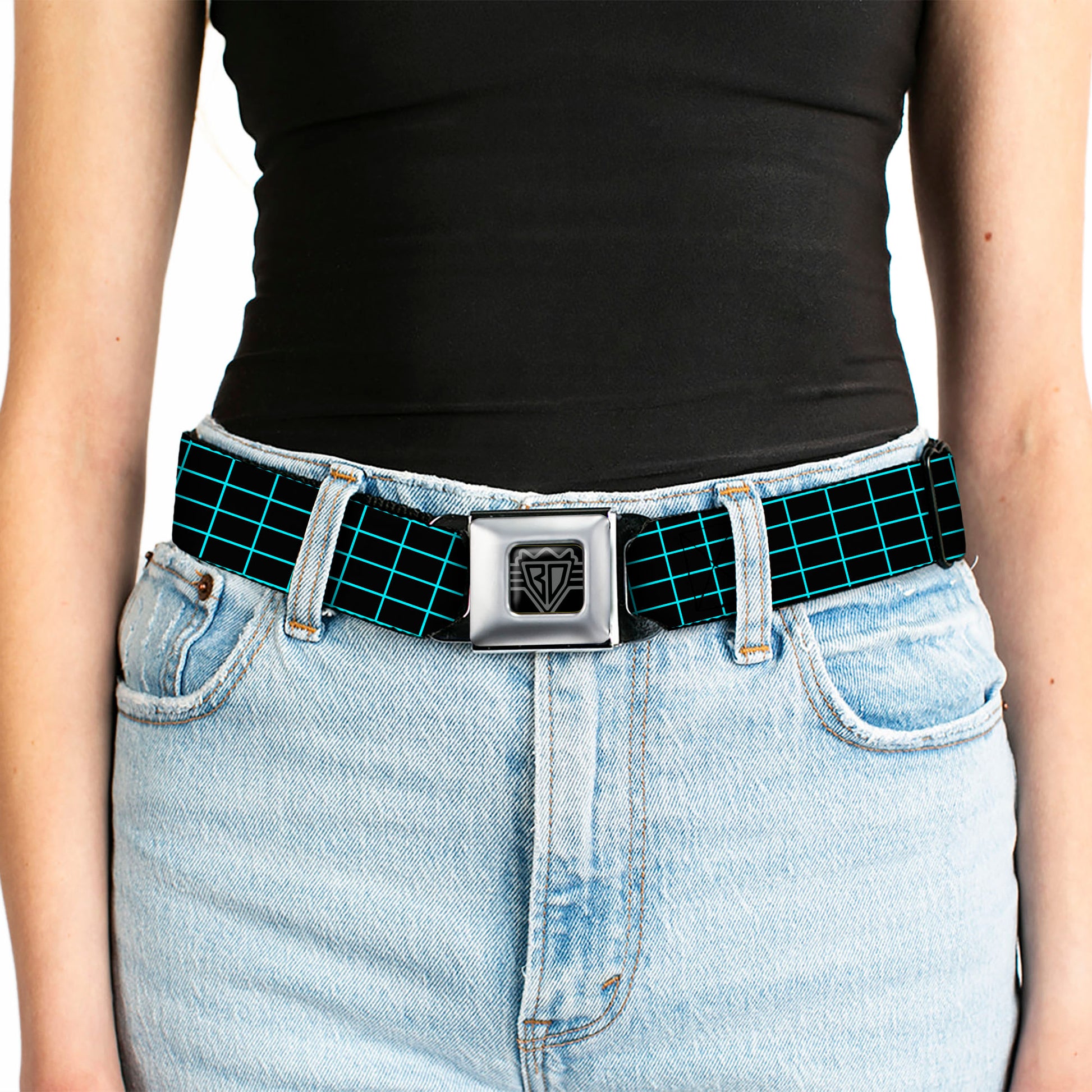 BD Wings Logo CLOSE-UP Full Color Black Silver Seatbelt Belt - Wire Grid Black/Blue Webbing Seatbelt Belts Buckle-Down