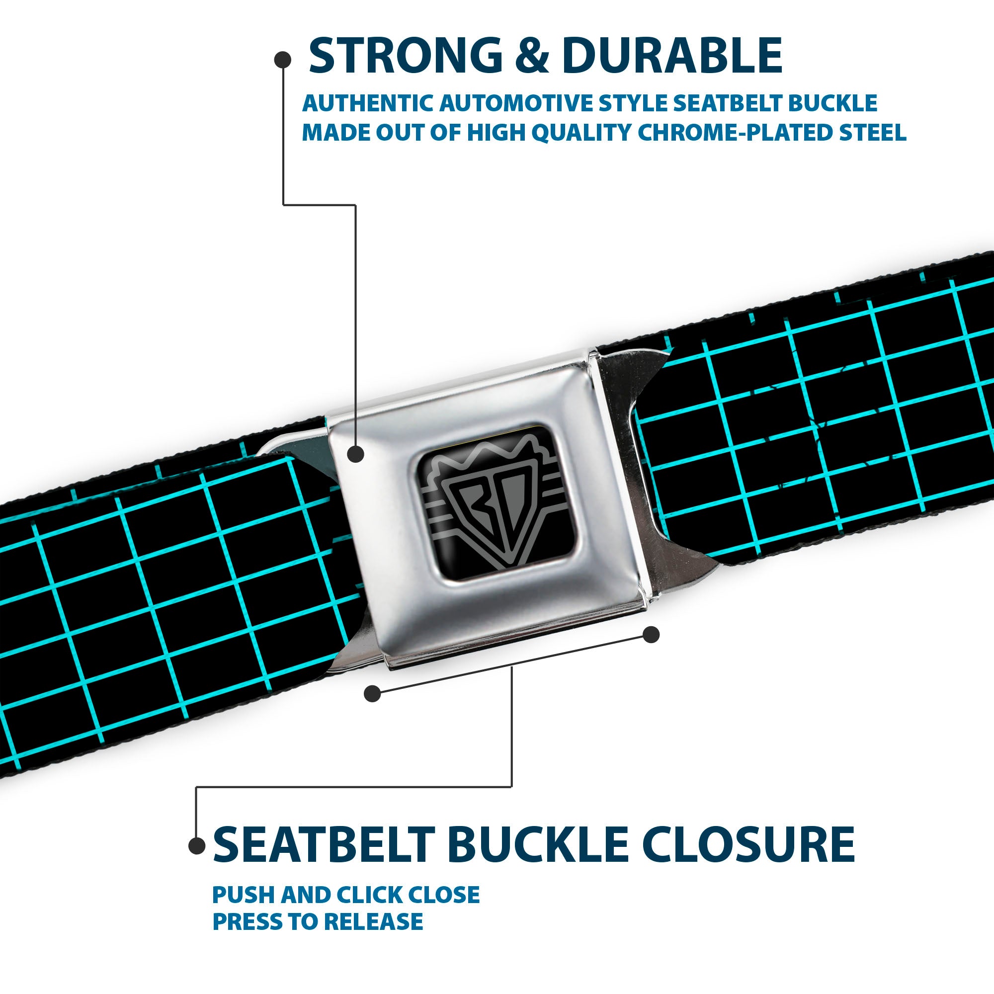BD Wings Logo CLOSE-UP Full Color Black Silver Seatbelt Belt - Wire Grid Black/Blue Webbing Seatbelt Belts Buckle-Down