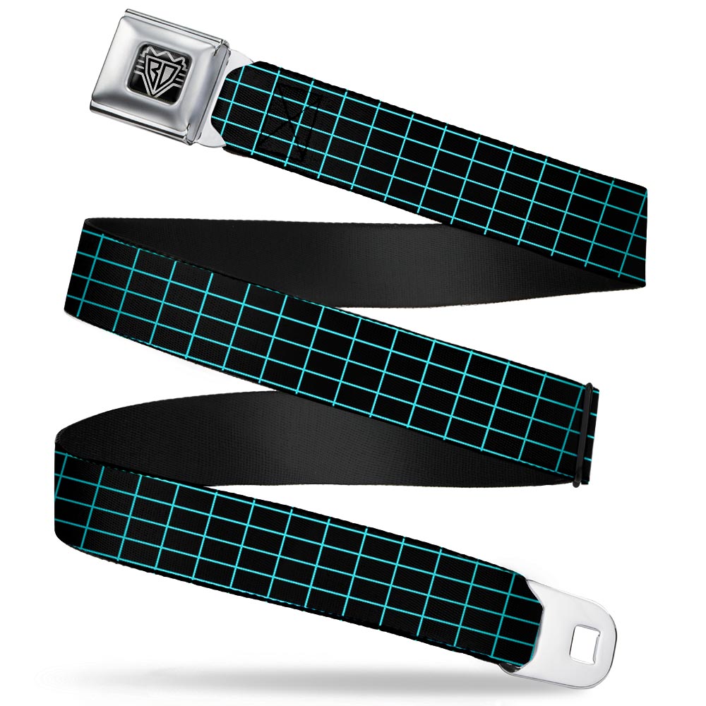 BD Wings Logo CLOSE-UP Full Color Black Silver Seatbelt Belt - Wire Grid Black/Blue Webbing Seatbelt Belts Buckle-Down