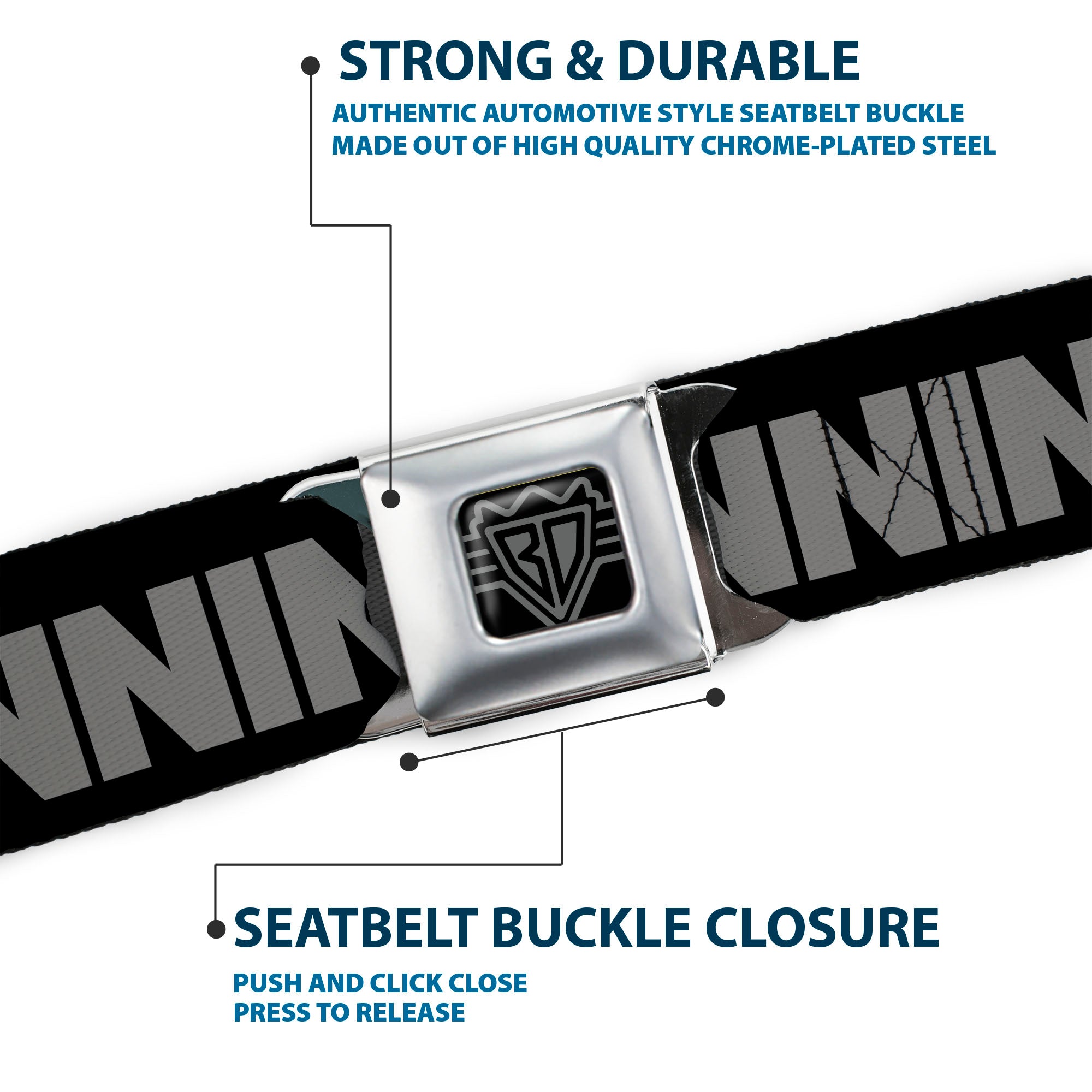BD Wings Logo CLOSE-UP Full Color Black Silver Seatbelt Belt - WINNING! Black/Gray Webbing Seatbelt Belts Buckle-Down