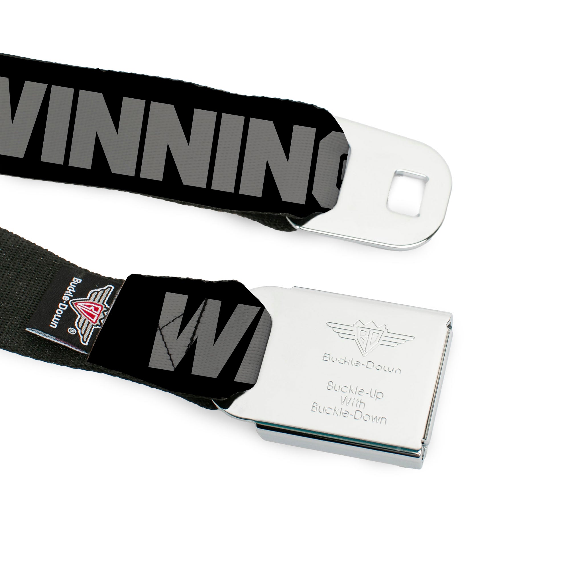 BD Wings Logo CLOSE-UP Full Color Black Silver Seatbelt Belt - WINNING! Black/Gray Webbing Seatbelt Belts Buckle-Down