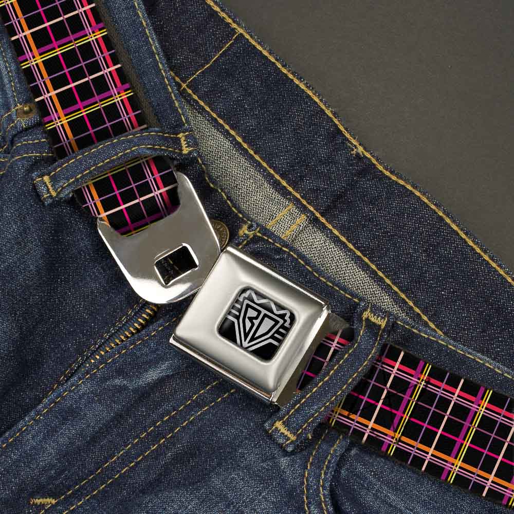 BD Wings Logo CLOSE-UP Full Color Black Silver Seatbelt Belt - Wire Grid Black/Orange/Purple Webbing Seatbelt Belts Buckle-Down
