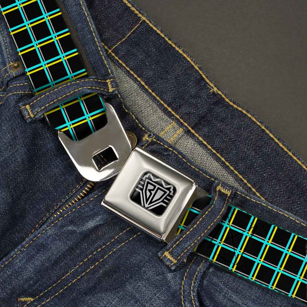 BD Wings Logo CLOSE-UP Full Color Black Silver Seatbelt Belt - Wire Grid Black/Turquoise/Yellow Webbing Seatbelt Belts Buckle-Down