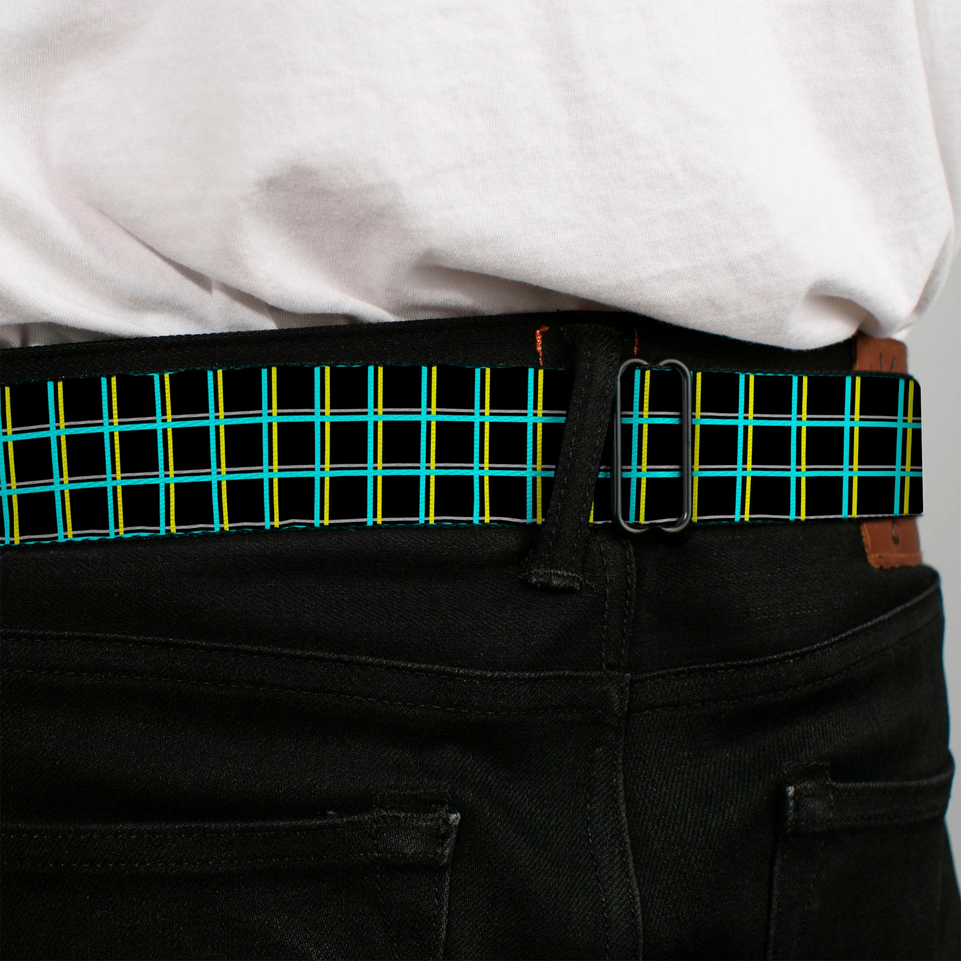 BD Wings Logo CLOSE-UP Full Color Black Silver Seatbelt Belt - Wire Grid Black/Turquoise/Yellow Webbing Seatbelt Belts Buckle-Down
