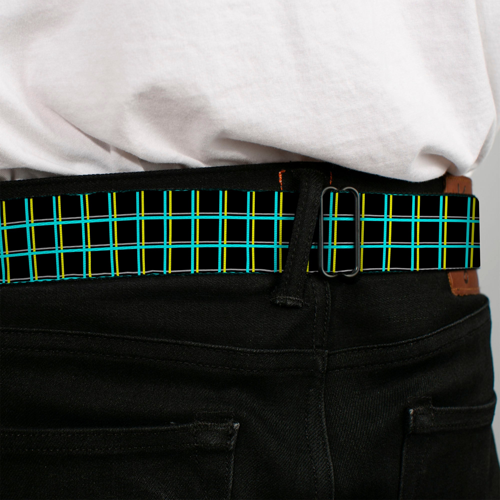 BD Wings Logo CLOSE-UP Full Color Black Silver Seatbelt Belt - Wire Grid Black/Turquoise/Yellow Webbing Seatbelt Belts Buckle-Down