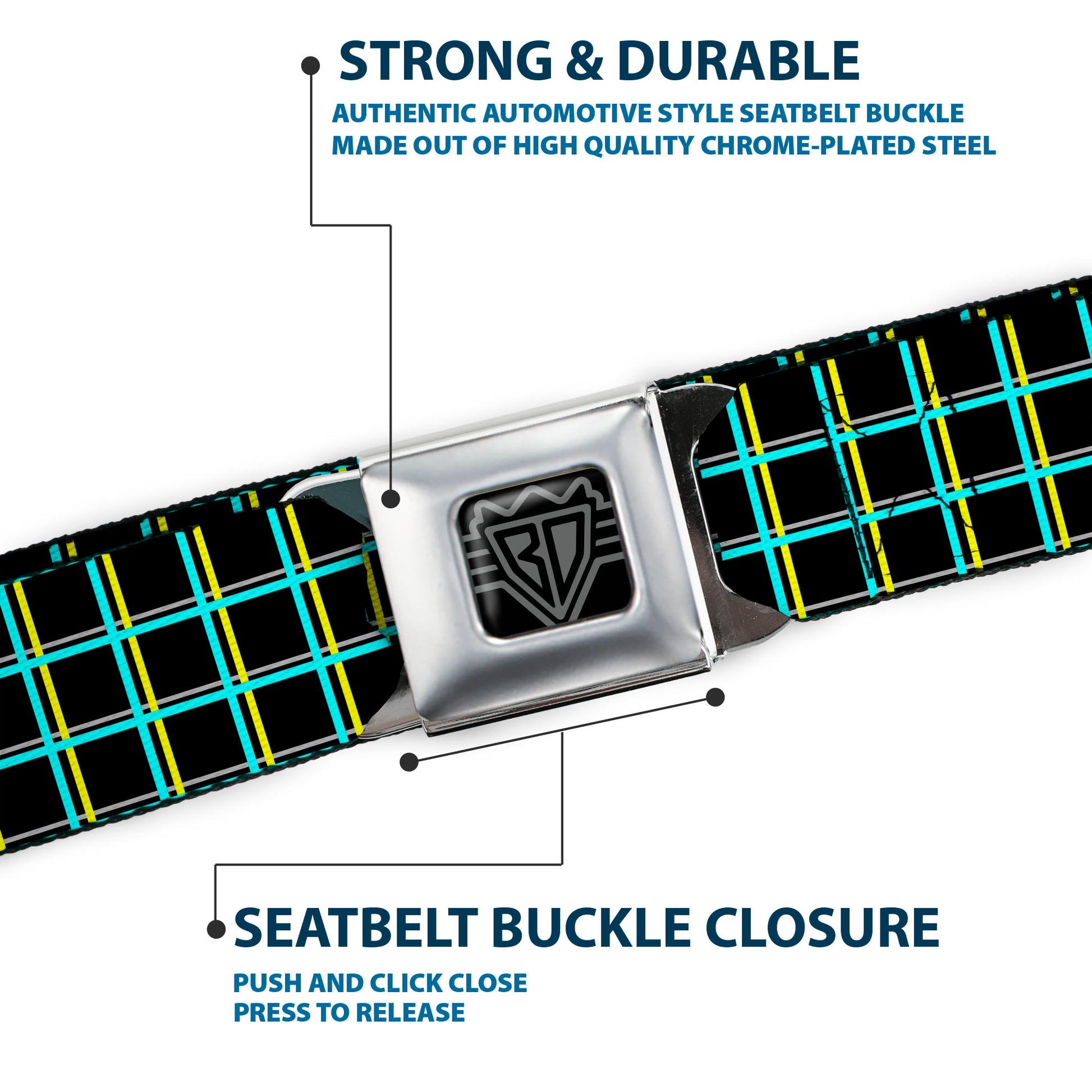 BD Wings Logo CLOSE-UP Full Color Black Silver Seatbelt Belt - Wire Grid Black/Turquoise/Yellow Webbing Seatbelt Belts Buckle-Down