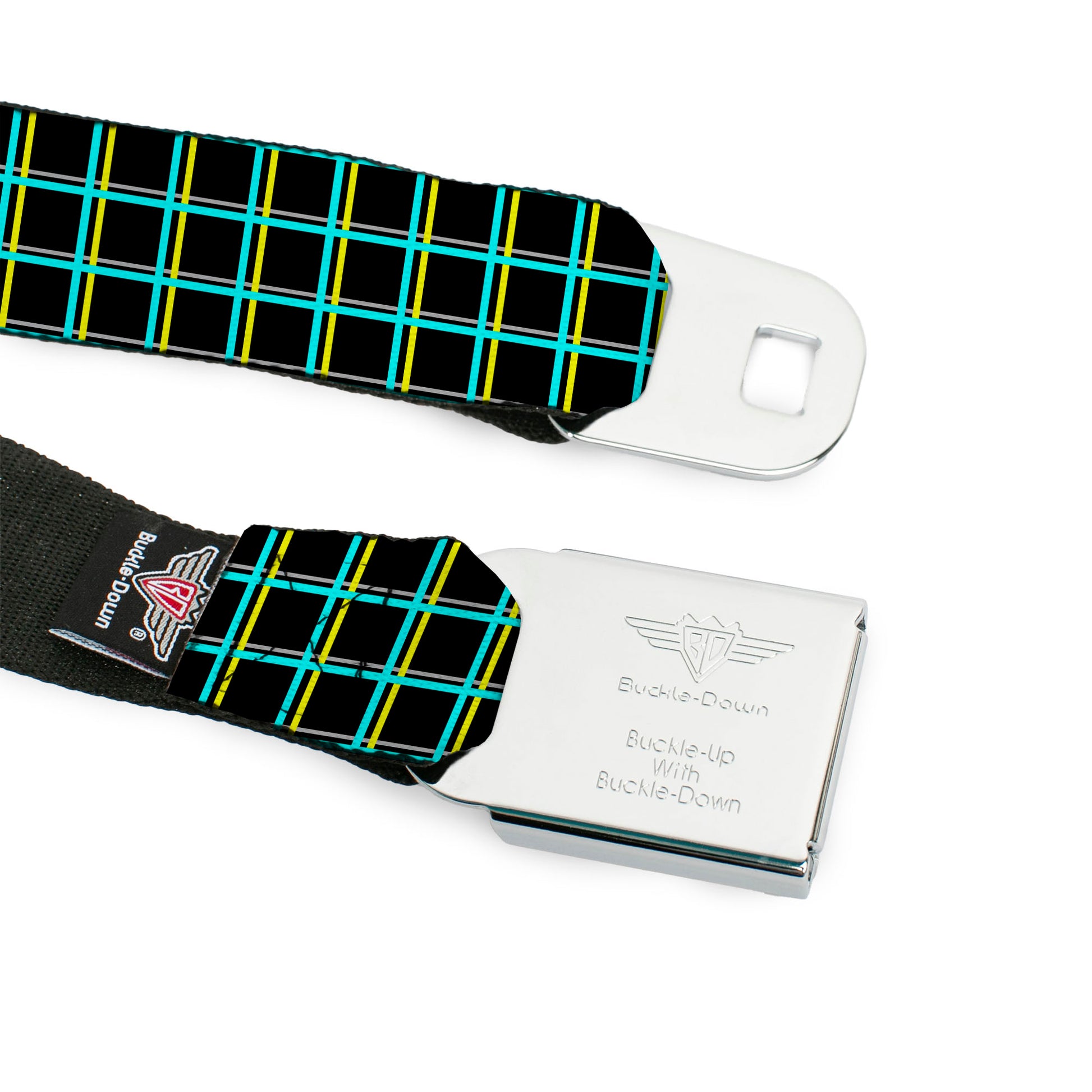 BD Wings Logo CLOSE-UP Full Color Black Silver Seatbelt Belt - Wire Grid Black/Turquoise/Yellow Webbing Seatbelt Belts Buckle-Down