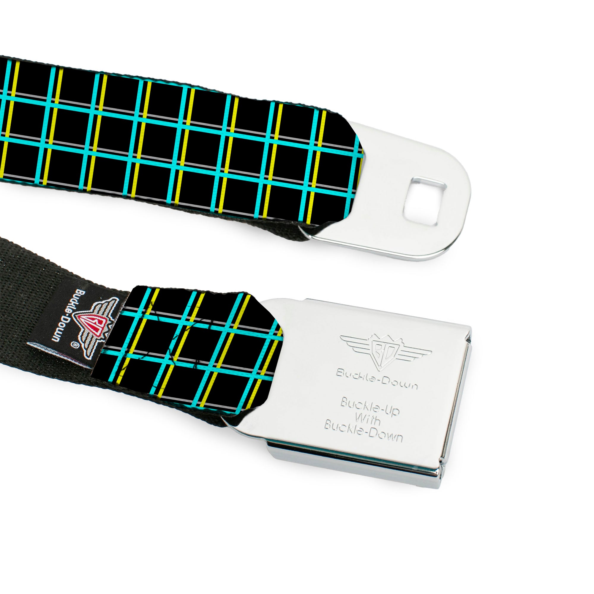 BD Wings Logo CLOSE-UP Full Color Black Silver Seatbelt Belt - Wire Grid Black/Turquoise/Yellow Webbing Seatbelt Belts Buckle-Down
