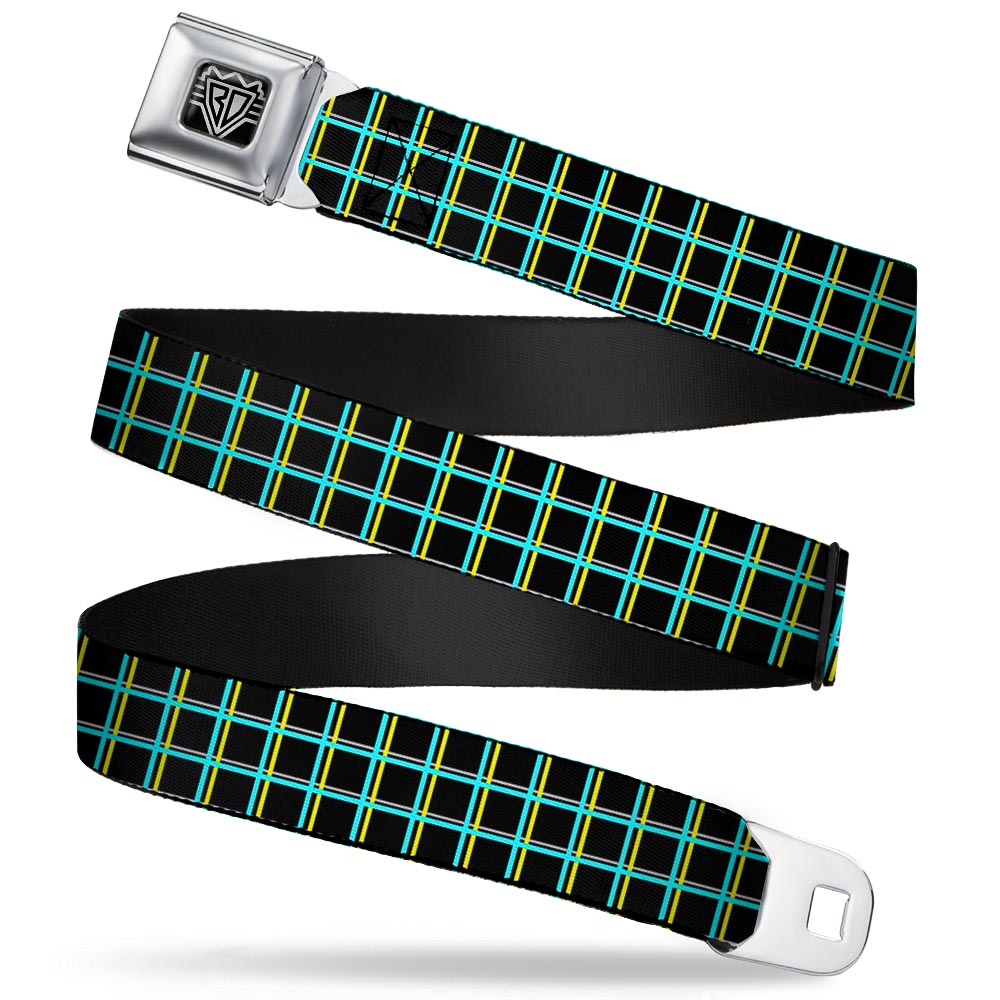BD Wings Logo CLOSE-UP Full Color Black Silver Seatbelt Belt - Wire Grid Black/Turquoise/Yellow Webbing Seatbelt Belts Buckle-Down
