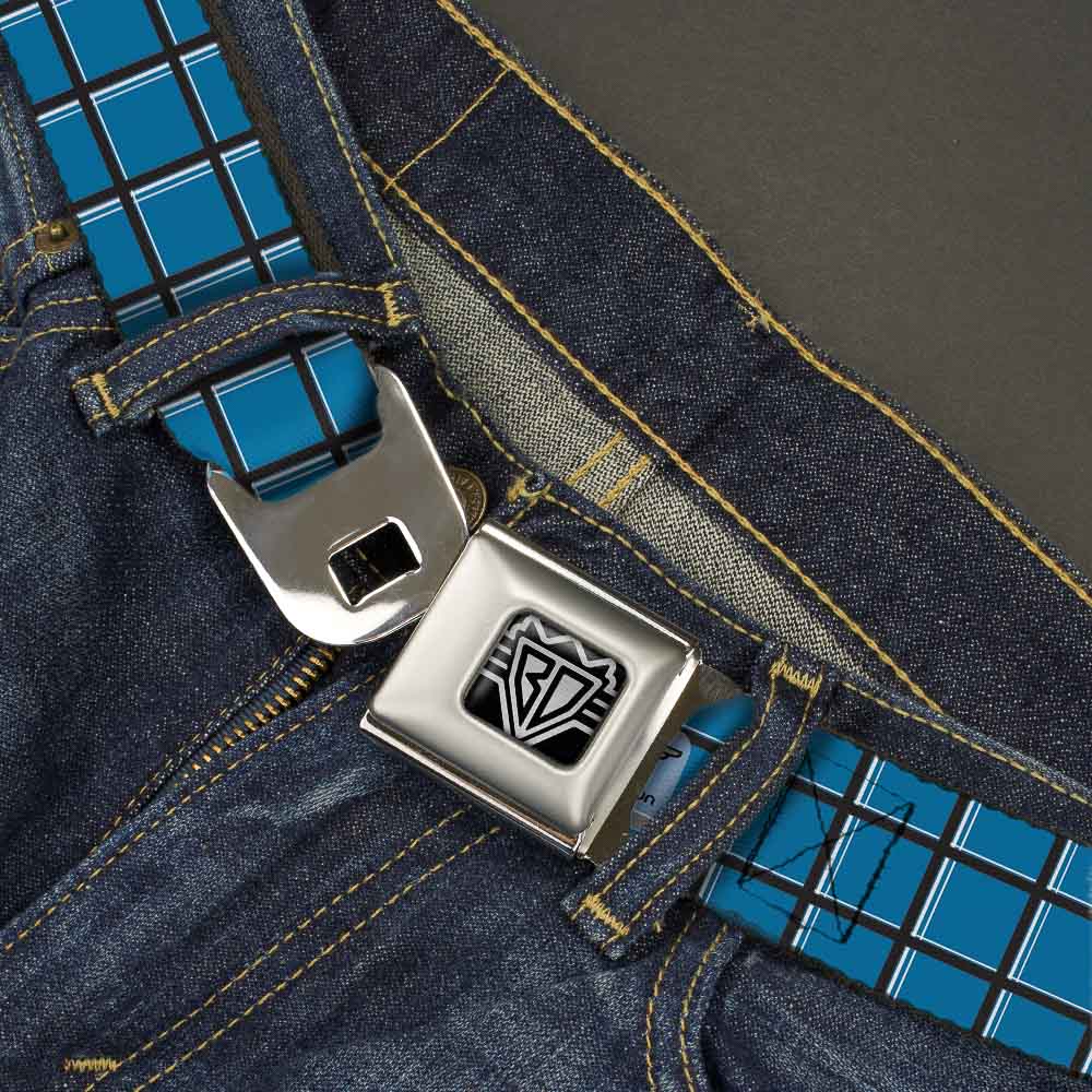 BD Wings Logo CLOSE-UP Full Color Black Silver Seatbelt Belt - Wire Grid Turquoise/Gray/White Webbing Seatbelt Belts Buckle-Down
