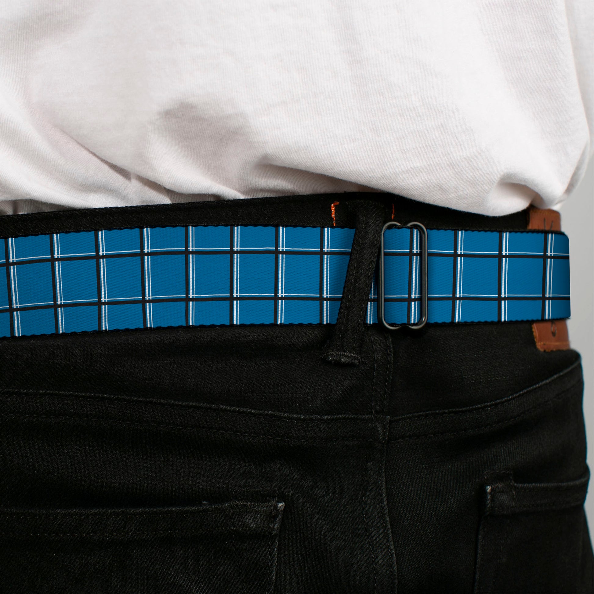 BD Wings Logo CLOSE-UP Full Color Black Silver Seatbelt Belt - Wire Grid Turquoise/Gray/White Webbing Seatbelt Belts Buckle-Down