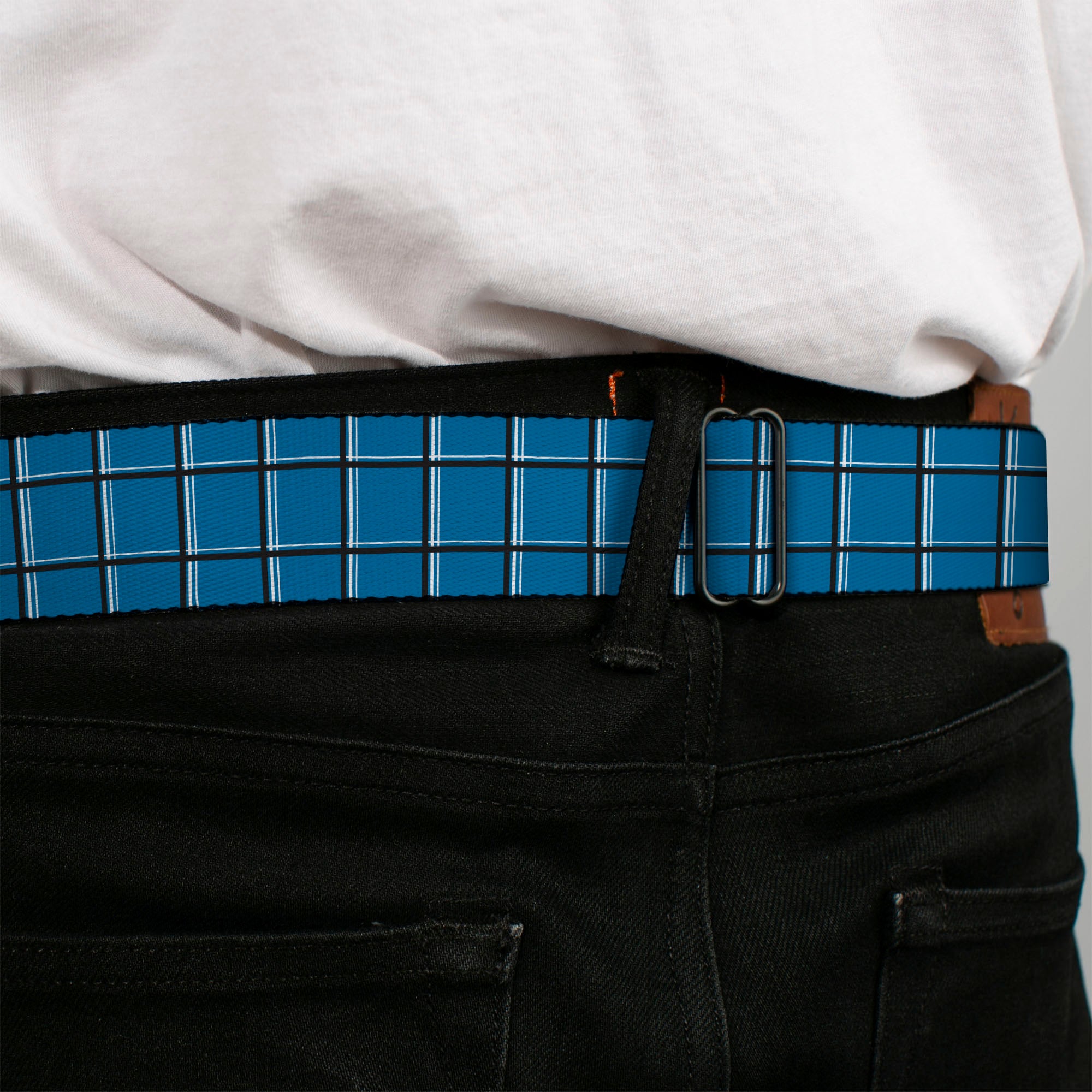 BD Wings Logo CLOSE-UP Full Color Black Silver Seatbelt Belt - Wire Grid Turquoise/Gray/White Webbing Seatbelt Belts Buckle-Down