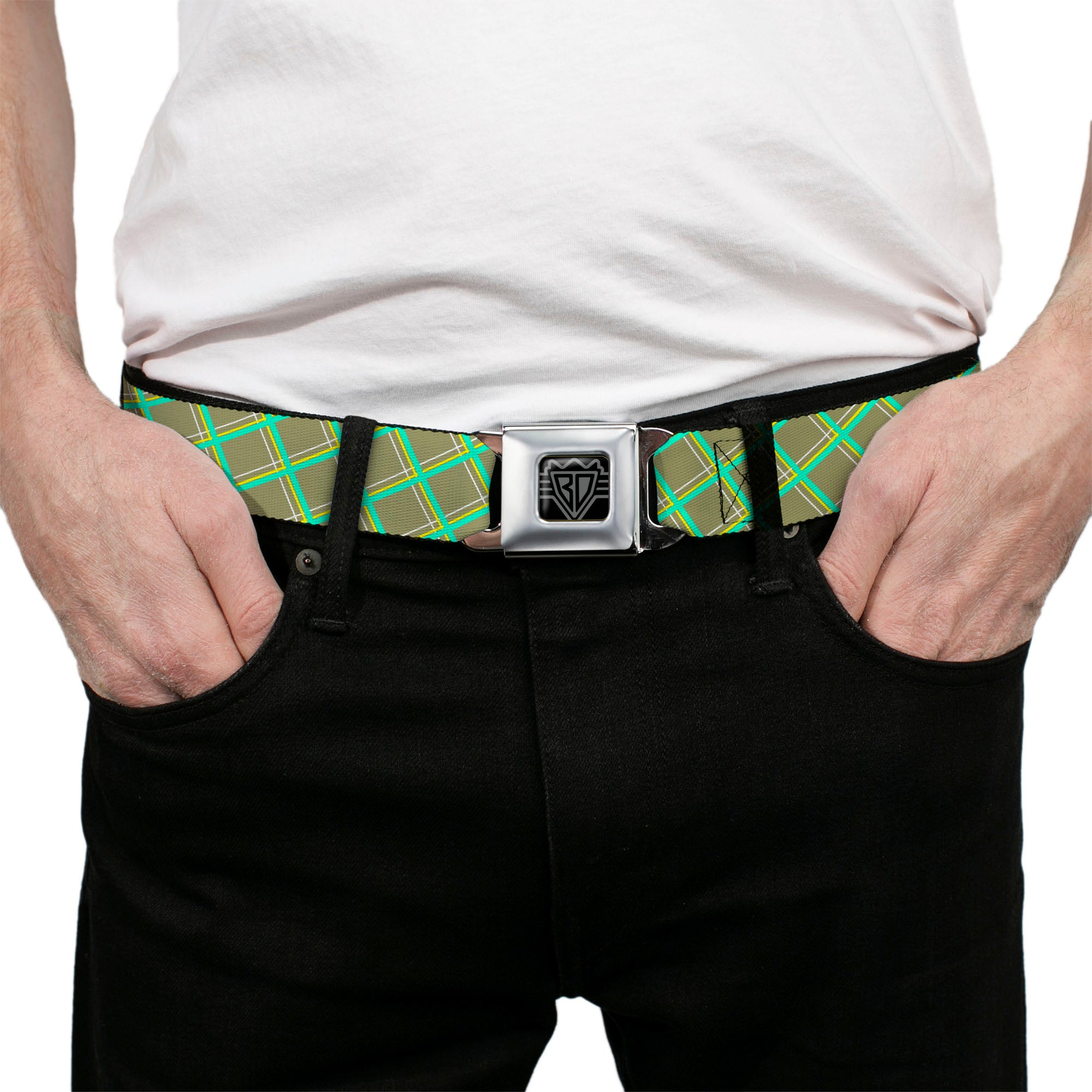 BD Wings Logo CLOSE-UP Full Color Black Silver Seatbelt Belt - Wire Grid Tan/Green/Yellow Webbing Seatbelt Belts Buckle-Down