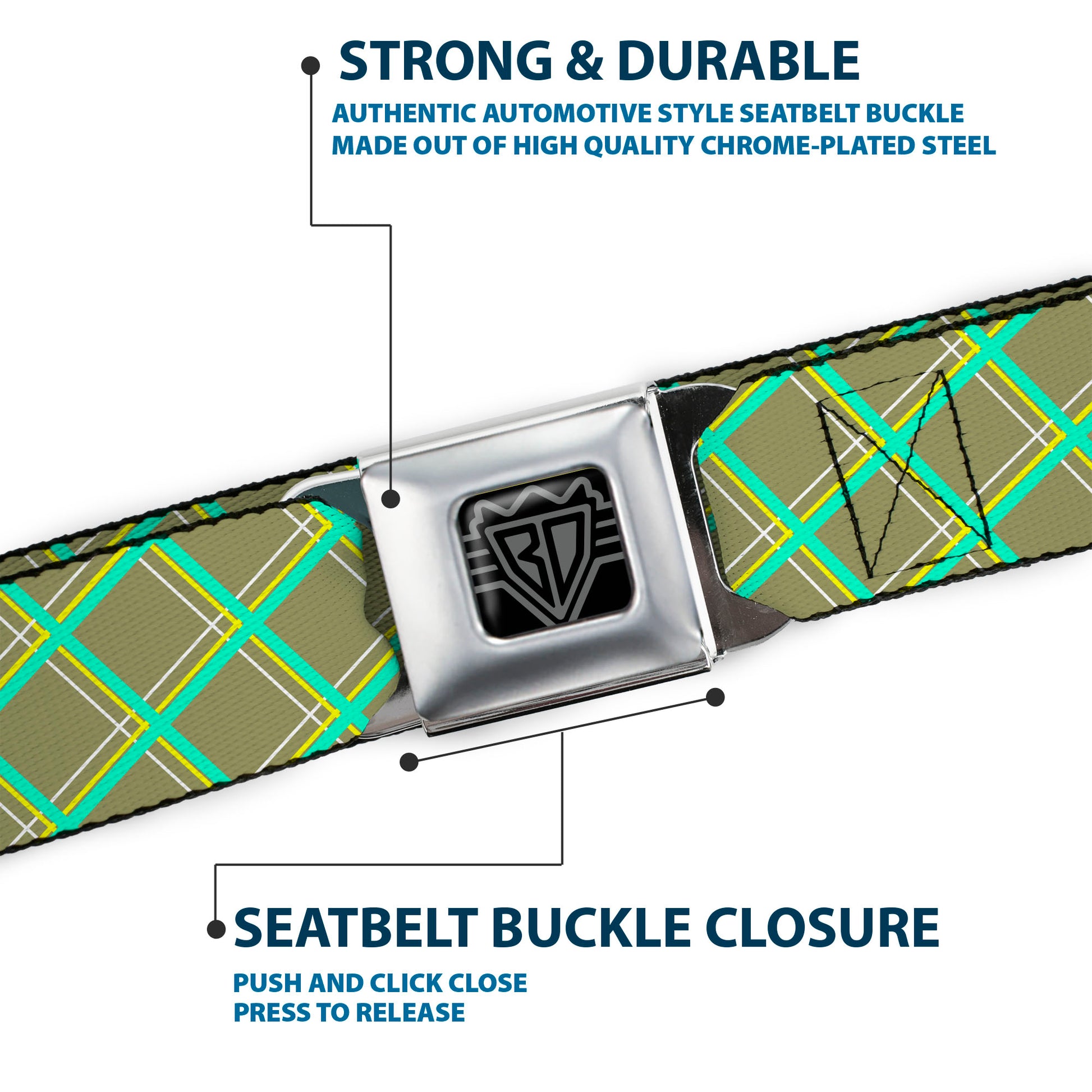 BD Wings Logo CLOSE-UP Full Color Black Silver Seatbelt Belt - Wire Grid Tan/Green/Yellow Webbing Seatbelt Belts Buckle-Down