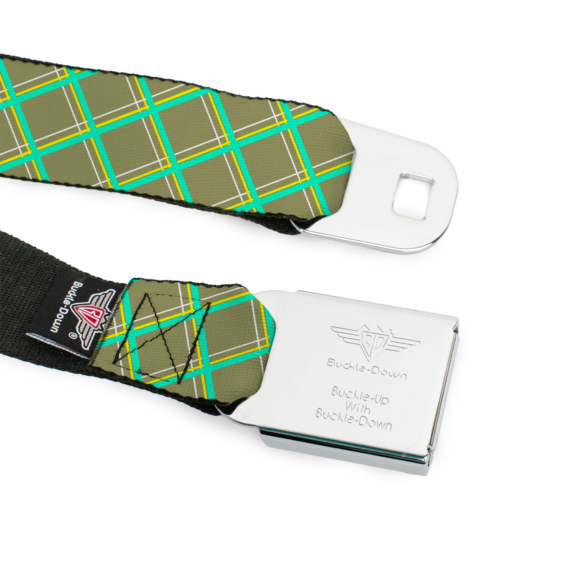 BD Wings Logo CLOSE-UP Full Color Black Silver Seatbelt Belt - Wire Grid Tan/Green/Yellow Webbing Seatbelt Belts Buckle-Down