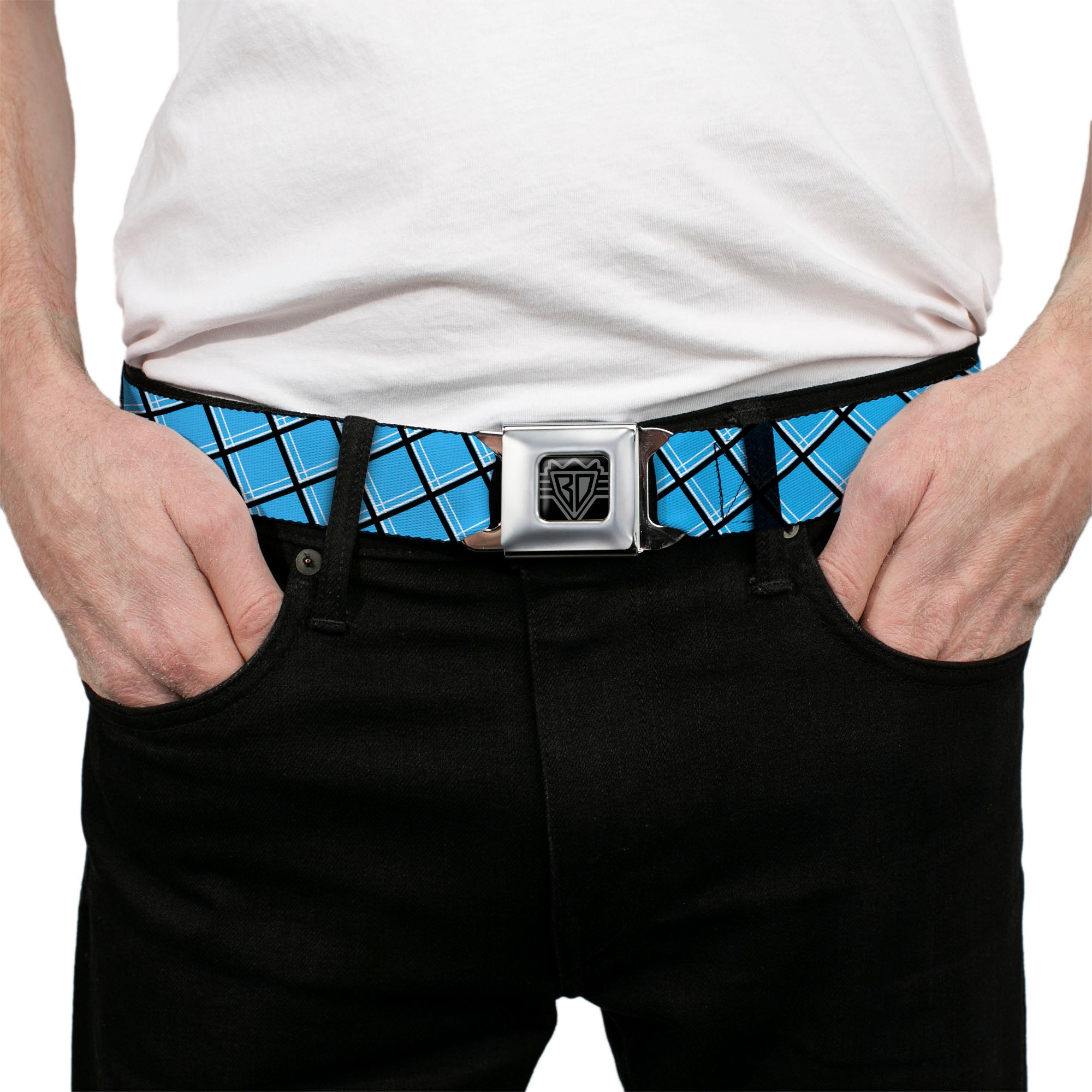 BD Wings Logo CLOSE-UP Full Color Black Silver Seatbelt Belt - Wire Grid Baby Blue Black/White Webbing Seatbelt Belts Buckle-Down