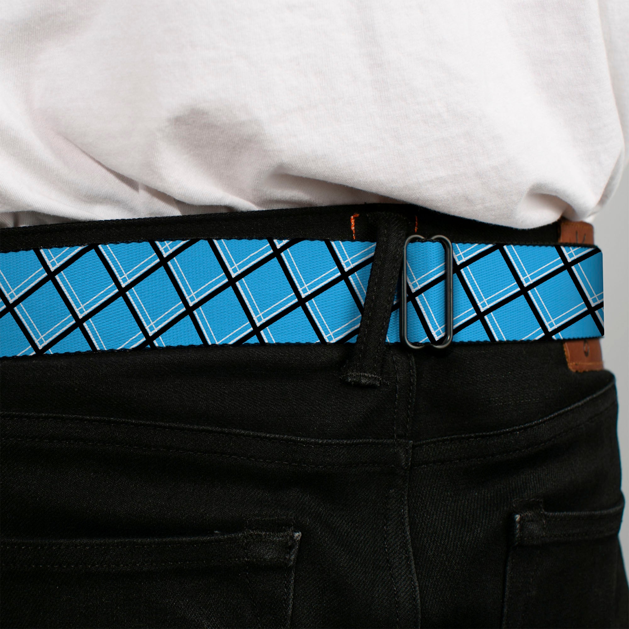 BD Wings Logo CLOSE-UP Full Color Black Silver Seatbelt Belt - Wire Grid Baby Blue Black/White Webbing Seatbelt Belts Buckle-Down