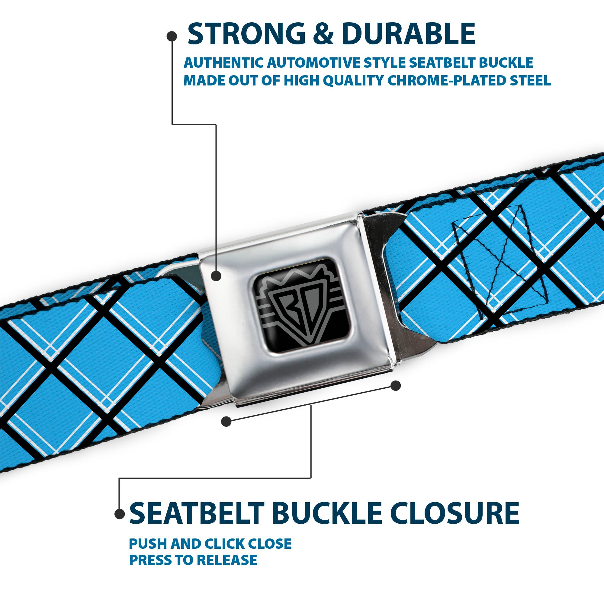 BD Wings Logo CLOSE-UP Full Color Black Silver Seatbelt Belt - Wire Grid Baby Blue Black/White Webbing Seatbelt Belts Buckle-Down