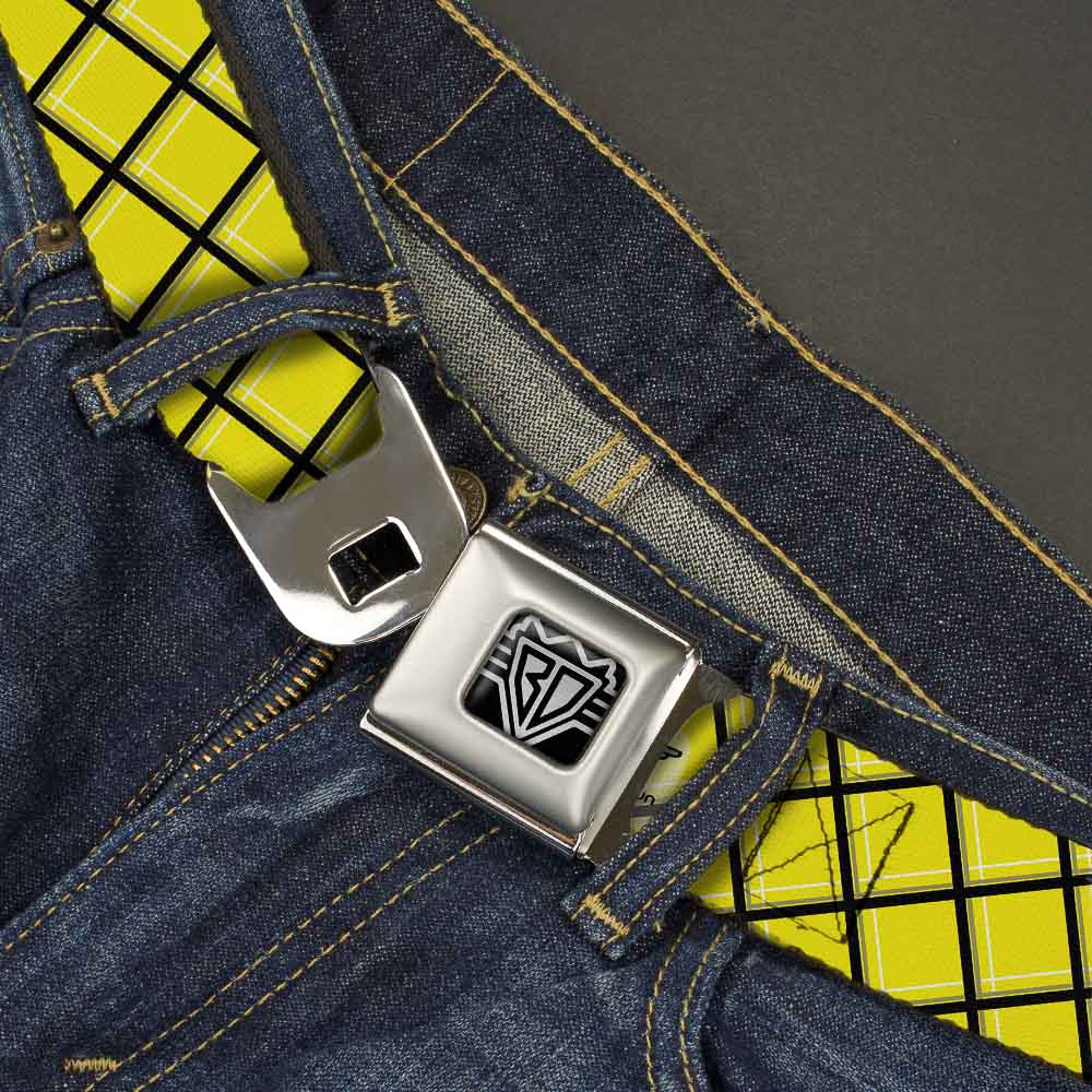 BD Wings Logo CLOSE-UP Full Color Black Silver Seatbelt Belt - Wire Grid Yellow/Black/Gray Webbing Seatbelt Belts Buckle-Down