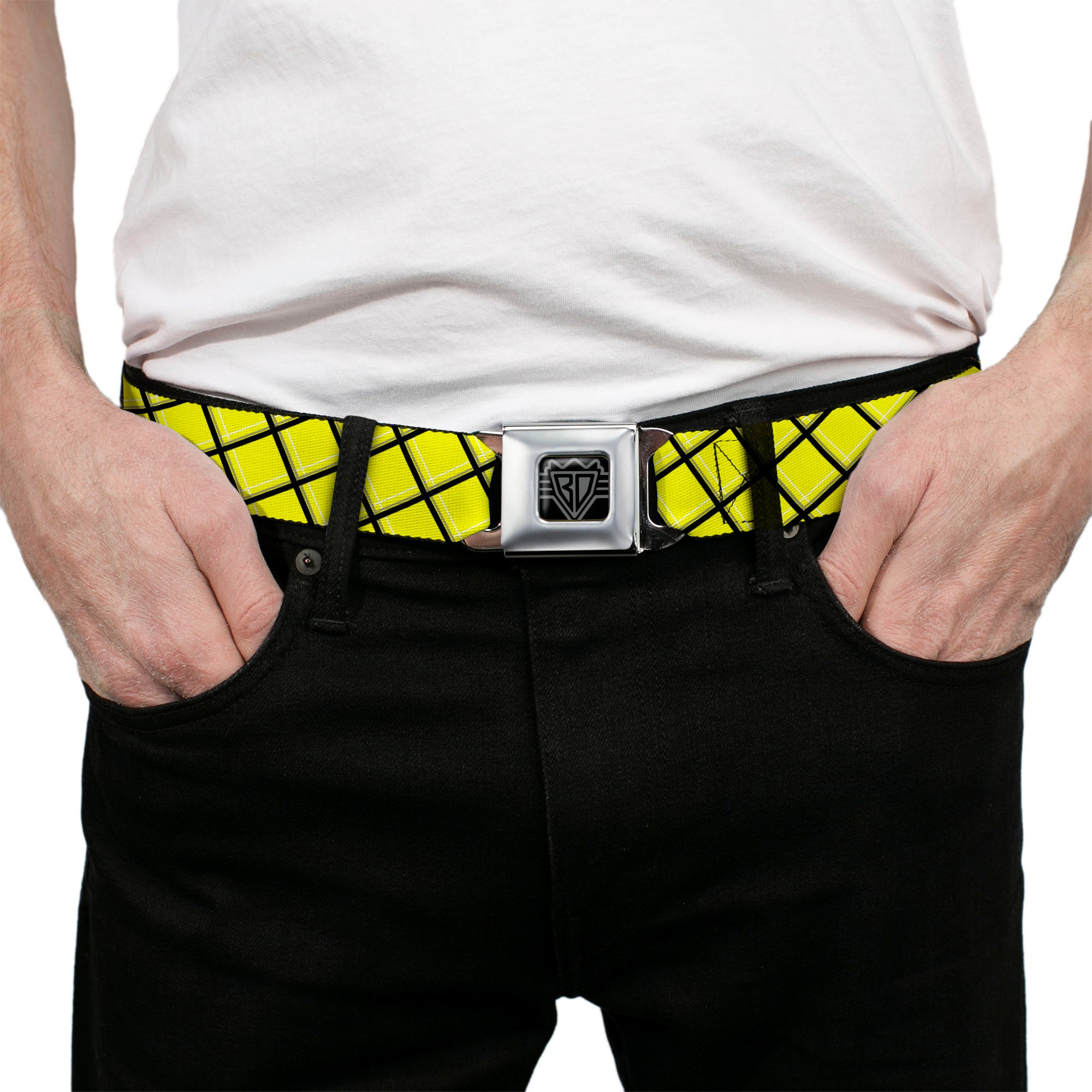 BD Wings Logo CLOSE-UP Full Color Black Silver Seatbelt Belt - Wire Grid Yellow/Black/Gray Webbing Seatbelt Belts Buckle-Down
