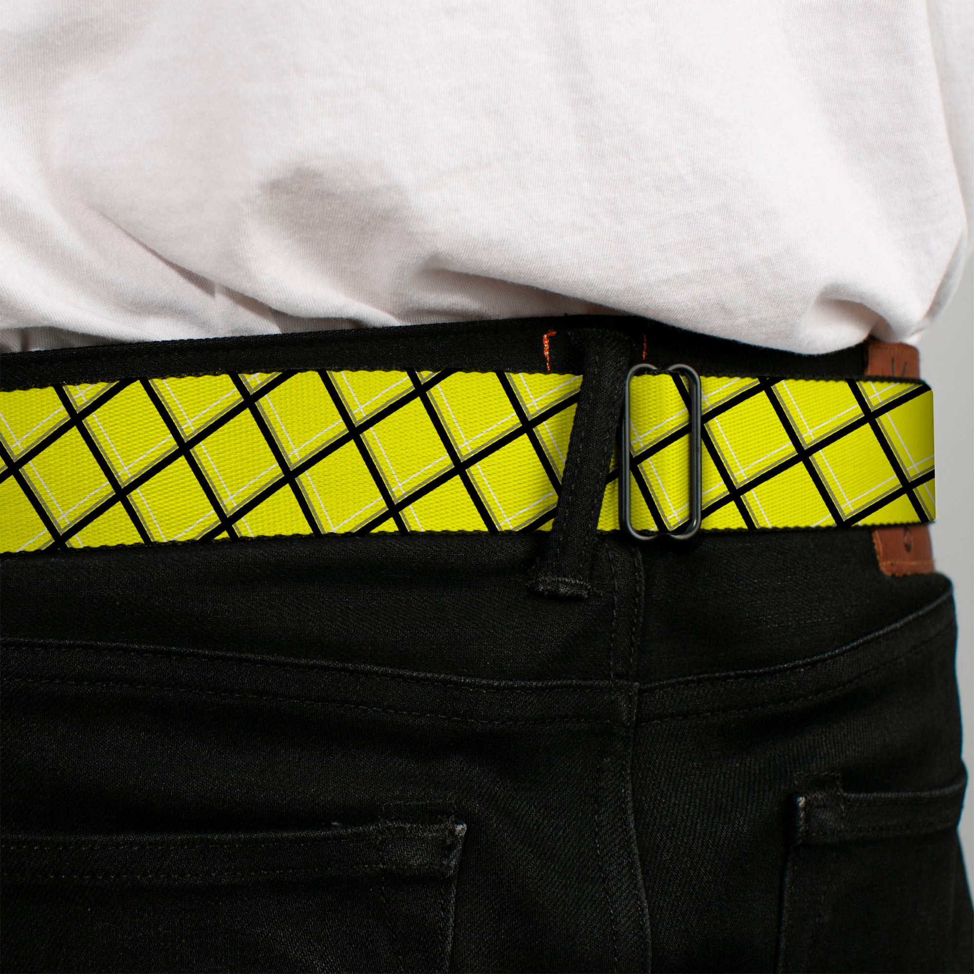 BD Wings Logo CLOSE-UP Full Color Black Silver Seatbelt Belt - Wire Grid Yellow/Black/Gray Webbing Seatbelt Belts Buckle-Down