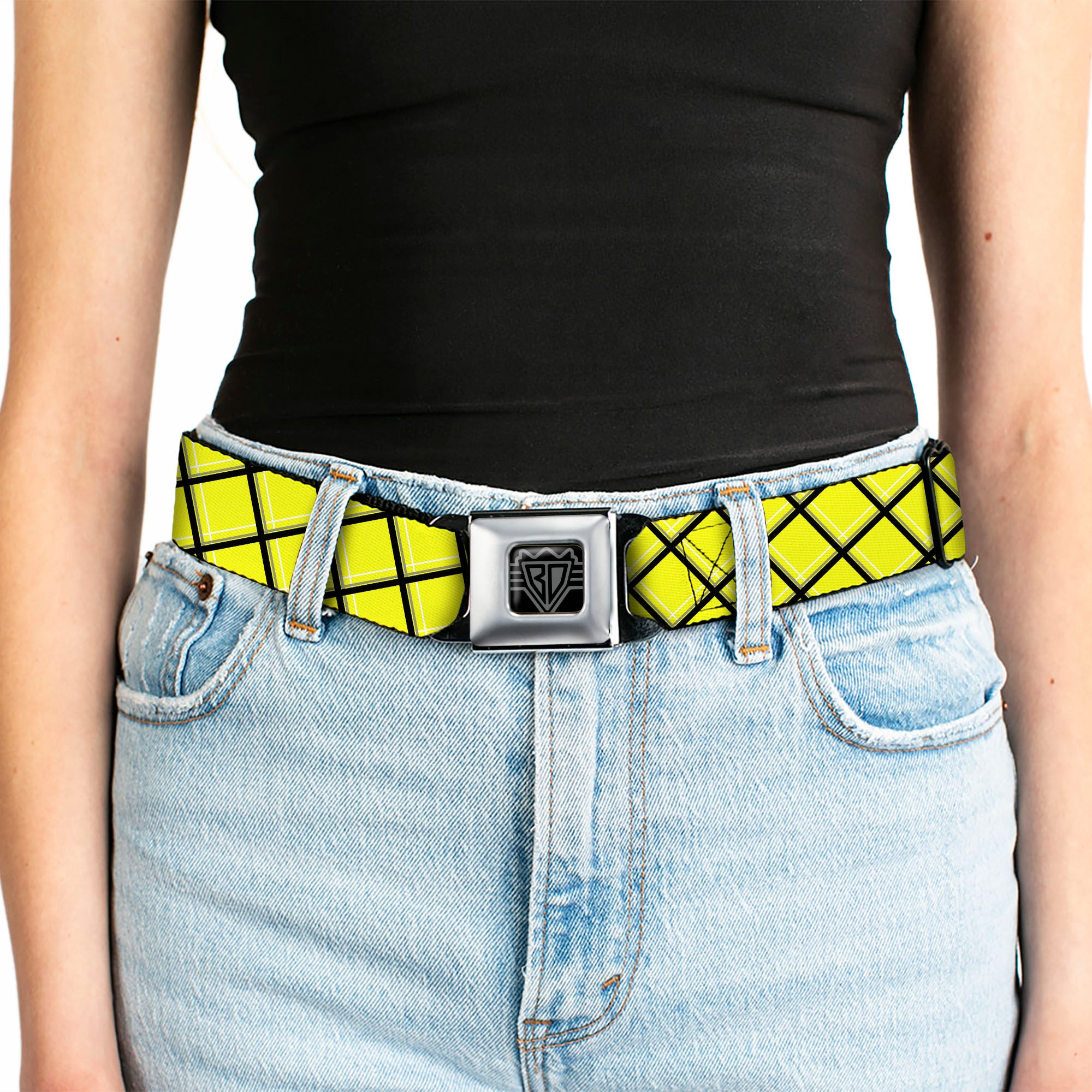 BD Wings Logo CLOSE-UP Full Color Black Silver Seatbelt Belt - Wire Grid Yellow/Black/Gray Webbing Seatbelt Belts Buckle-Down