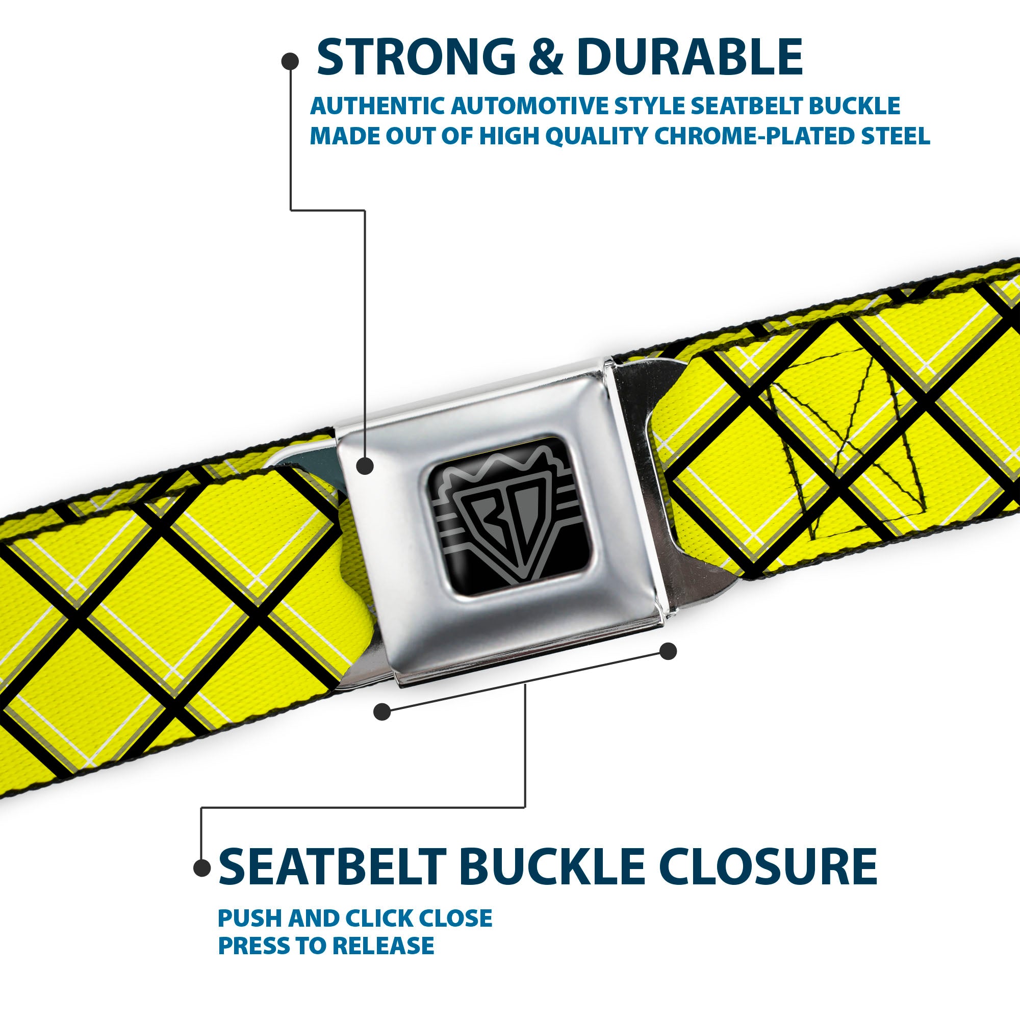 BD Wings Logo CLOSE-UP Full Color Black Silver Seatbelt Belt - Wire Grid Yellow/Black/Gray Webbing Seatbelt Belts Buckle-Down