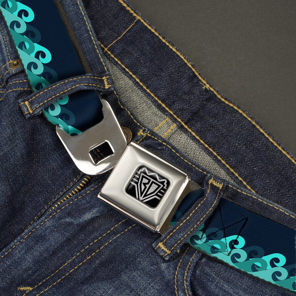 BD Wings Logo CLOSE-UP Full Color Black Silver Seatbelt Belt - Waves Navy/Blue Shades Webbing Seatbelt Belts Buckle-Down