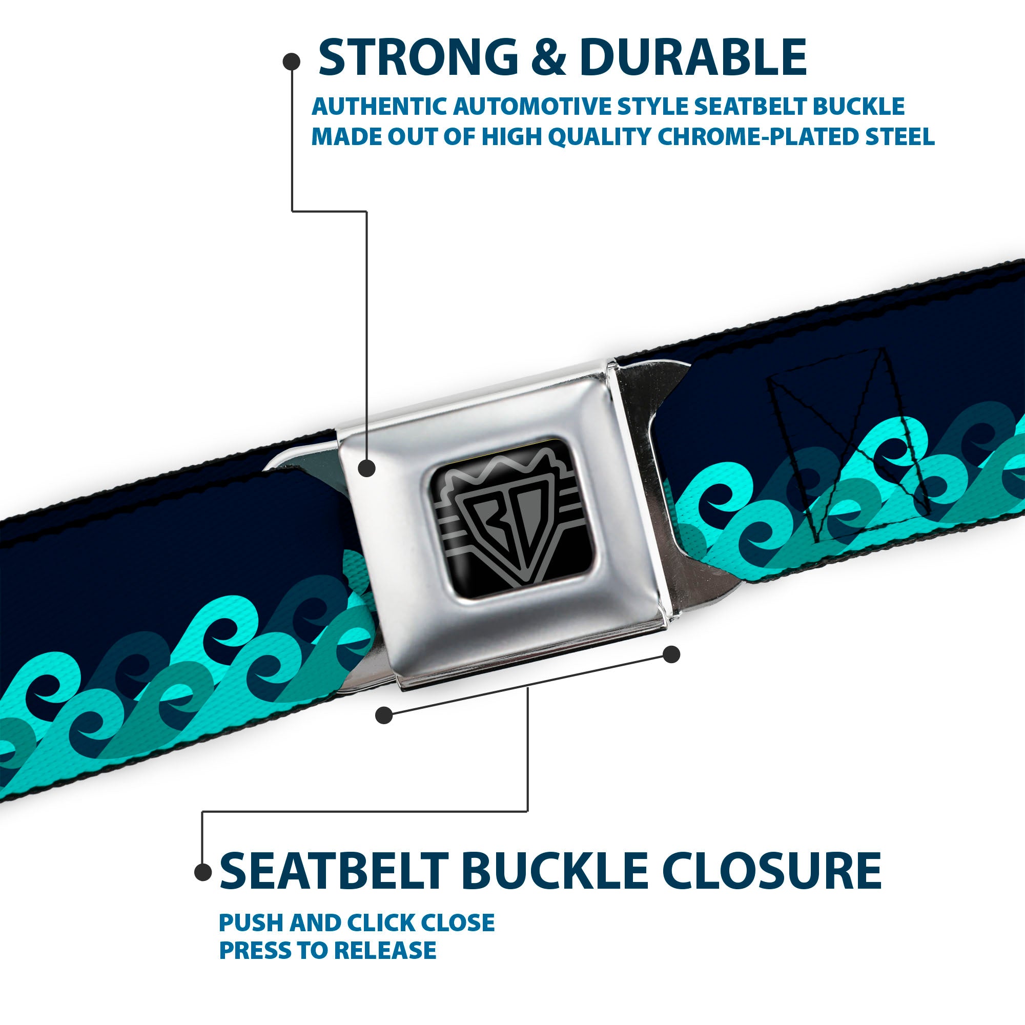 BD Wings Logo CLOSE-UP Full Color Black Silver Seatbelt Belt - Waves Navy/Blue Shades Webbing Seatbelt Belts Buckle-Down