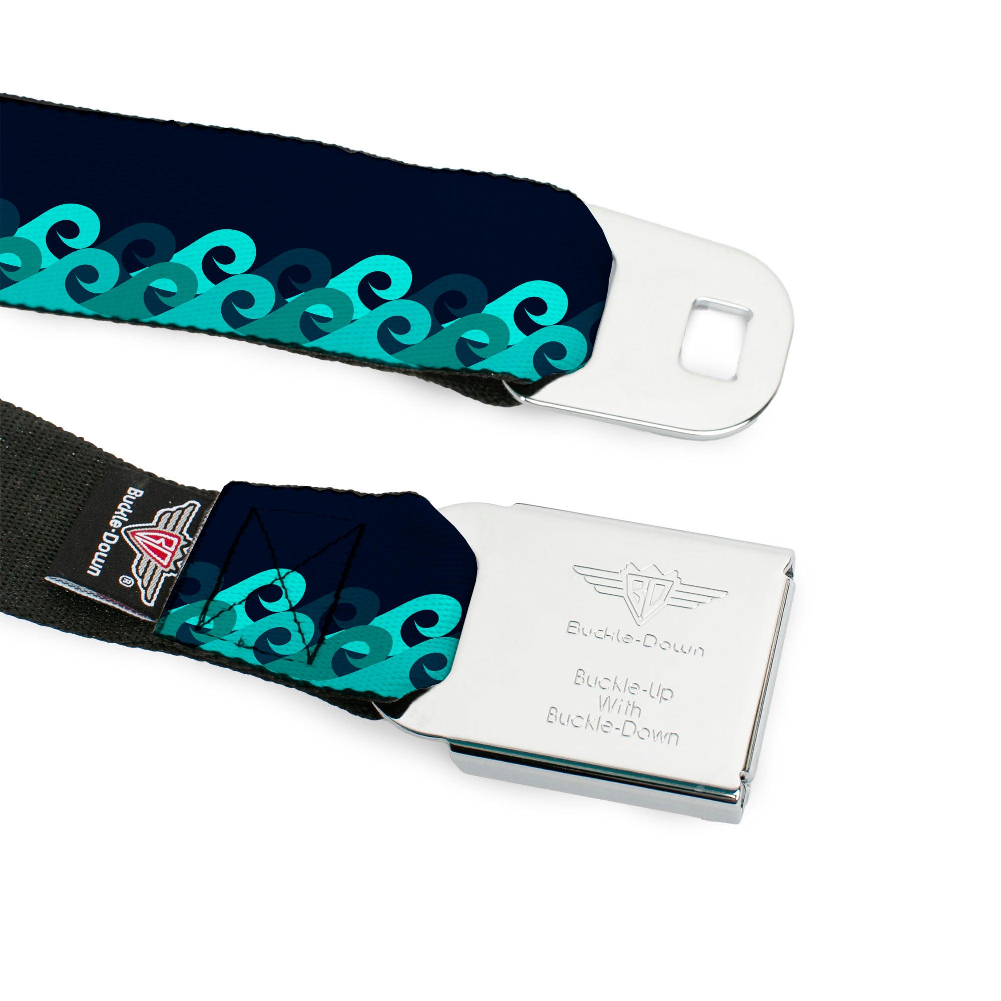 BD Wings Logo CLOSE-UP Full Color Black Silver Seatbelt Belt - Waves Navy/Blue Shades Webbing Seatbelt Belts Buckle-Down