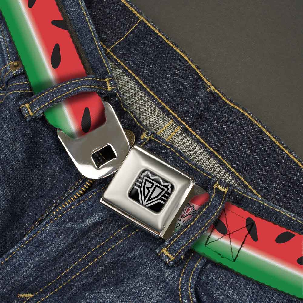 BD Wings Logo CLOSE-UP Full Color Black Silver Seatbelt Belt - Watermelon Stripe Red/Green/Black Webbing Seatbelt Belts Buckle-Down