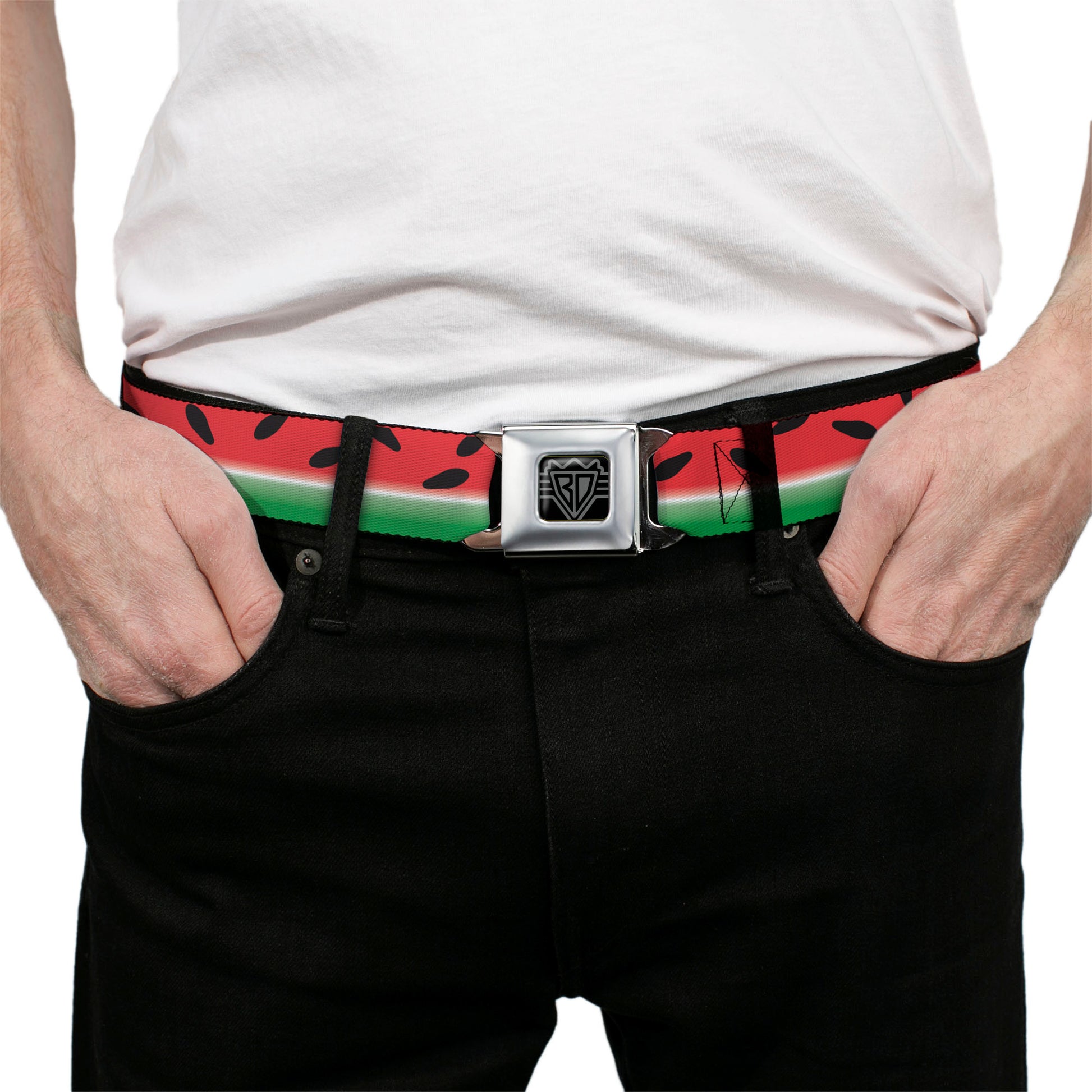 BD Wings Logo CLOSE-UP Full Color Black Silver Seatbelt Belt - Watermelon Stripe Red/Green/Black Webbing Seatbelt Belts Buckle-Down