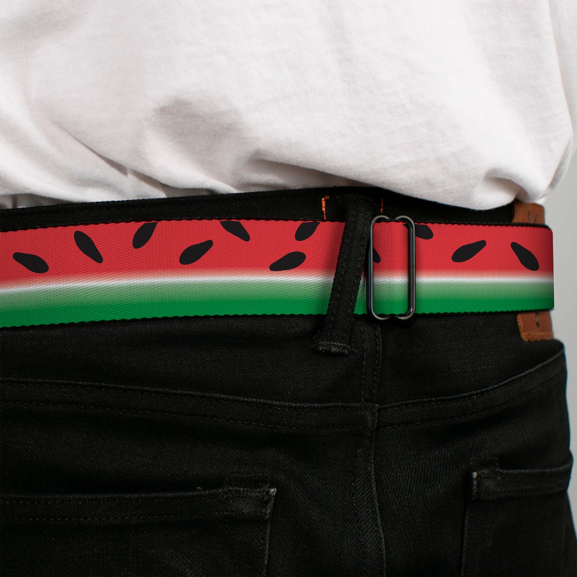 BD Wings Logo CLOSE-UP Full Color Black Silver Seatbelt Belt - Watermelon Stripe Red/Green/Black Webbing Seatbelt Belts Buckle-Down