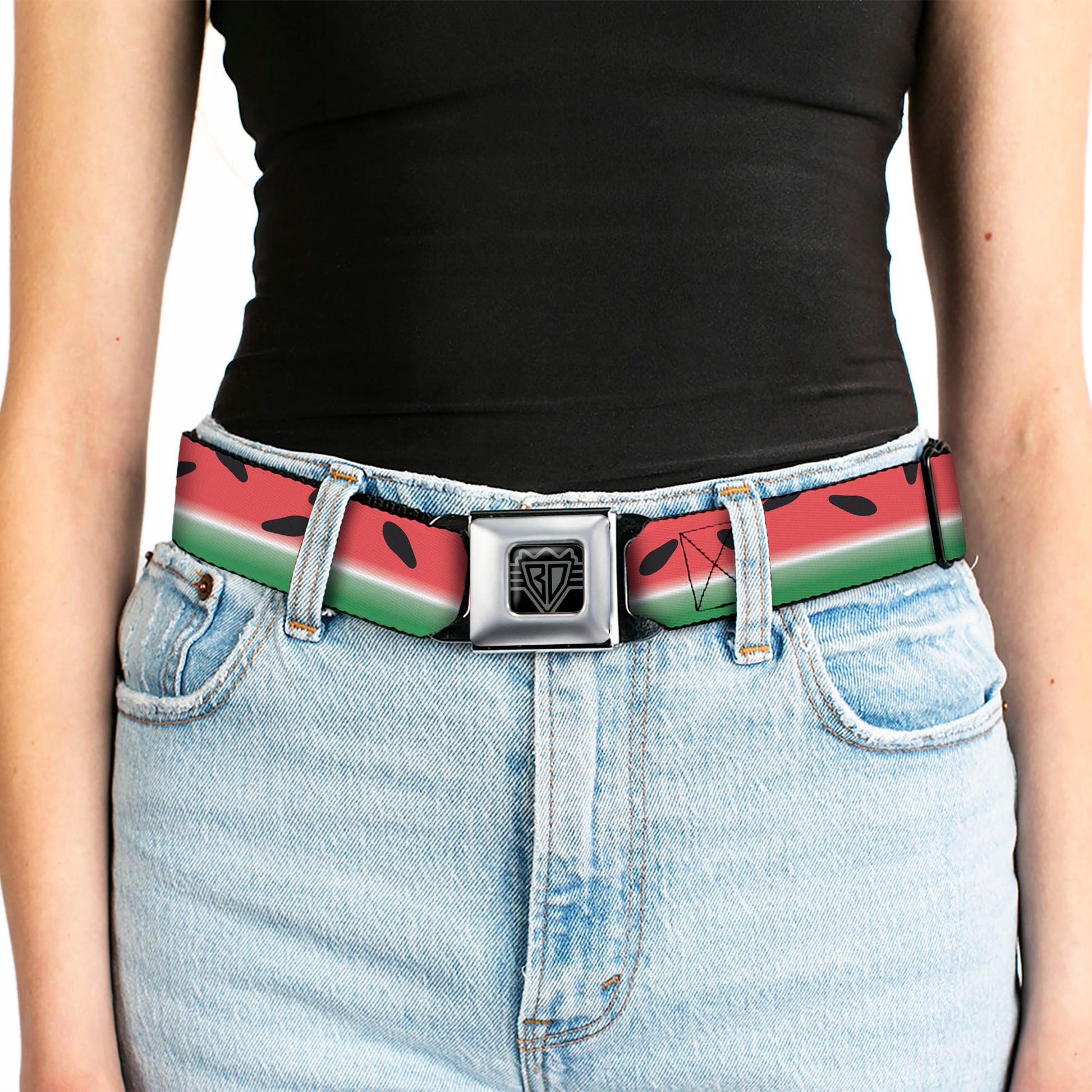 BD Wings Logo CLOSE-UP Full Color Black Silver Seatbelt Belt - Watermelon Stripe Red/Green/Black Webbing Seatbelt Belts Buckle-Down
