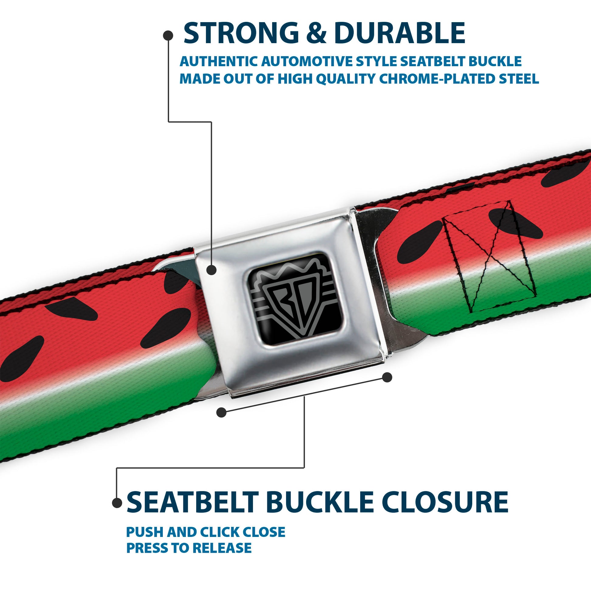 BD Wings Logo CLOSE-UP Full Color Black Silver Seatbelt Belt - Watermelon Stripe Red/Green/Black Webbing Seatbelt Belts Buckle-Down