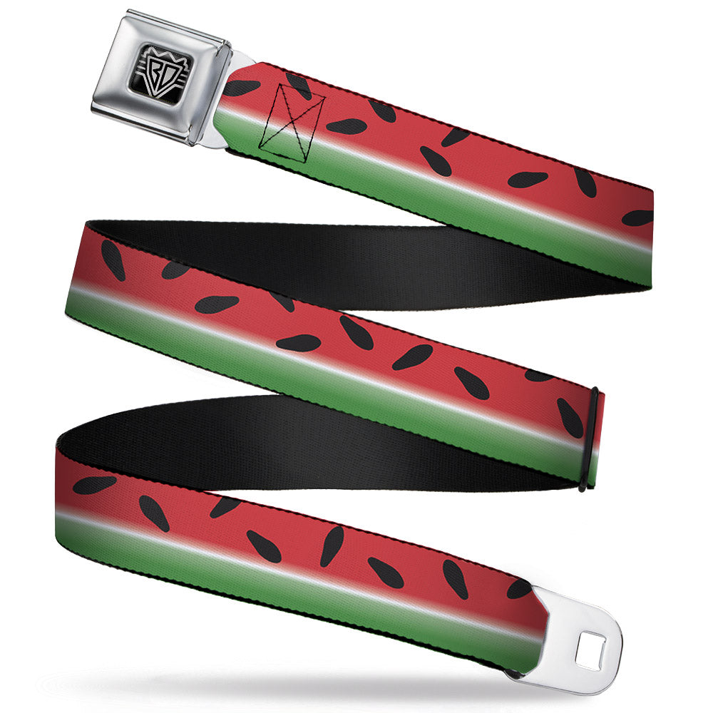 BD Wings Logo CLOSE-UP Full Color Black Silver Seatbelt Belt - Watermelon Stripe Red/Green/Black Webbing Seatbelt Belts Buckle-Down