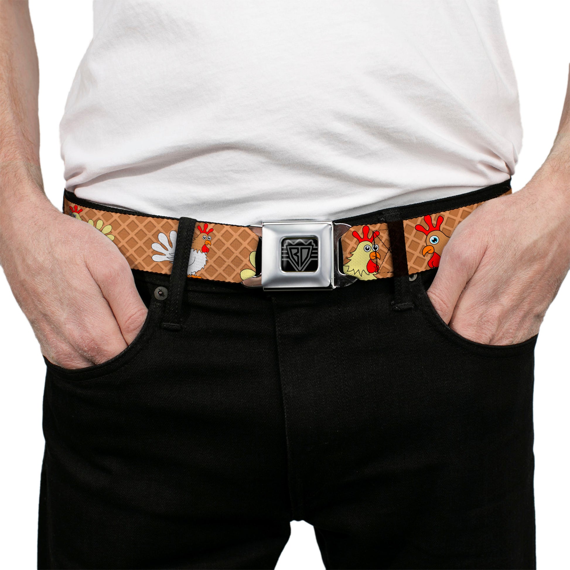 BD Wings Logo CLOSE-UP Full Color Black Silver Seatbelt Belt - Waffle/Chicken Poses Webbing Seatbelt Belts Buckle-Down