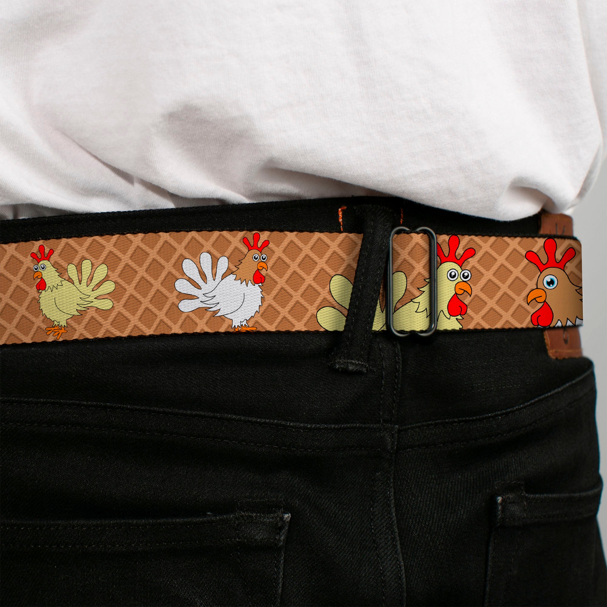 BD Wings Logo CLOSE-UP Full Color Black Silver Seatbelt Belt - Waffle/Chicken Poses Webbing Seatbelt Belts Buckle-Down