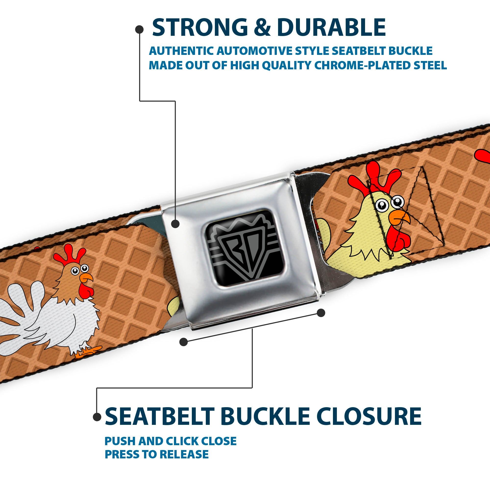 BD Wings Logo CLOSE-UP Full Color Black Silver Seatbelt Belt - Waffle/Chicken Poses Webbing Seatbelt Belts Buckle-Down