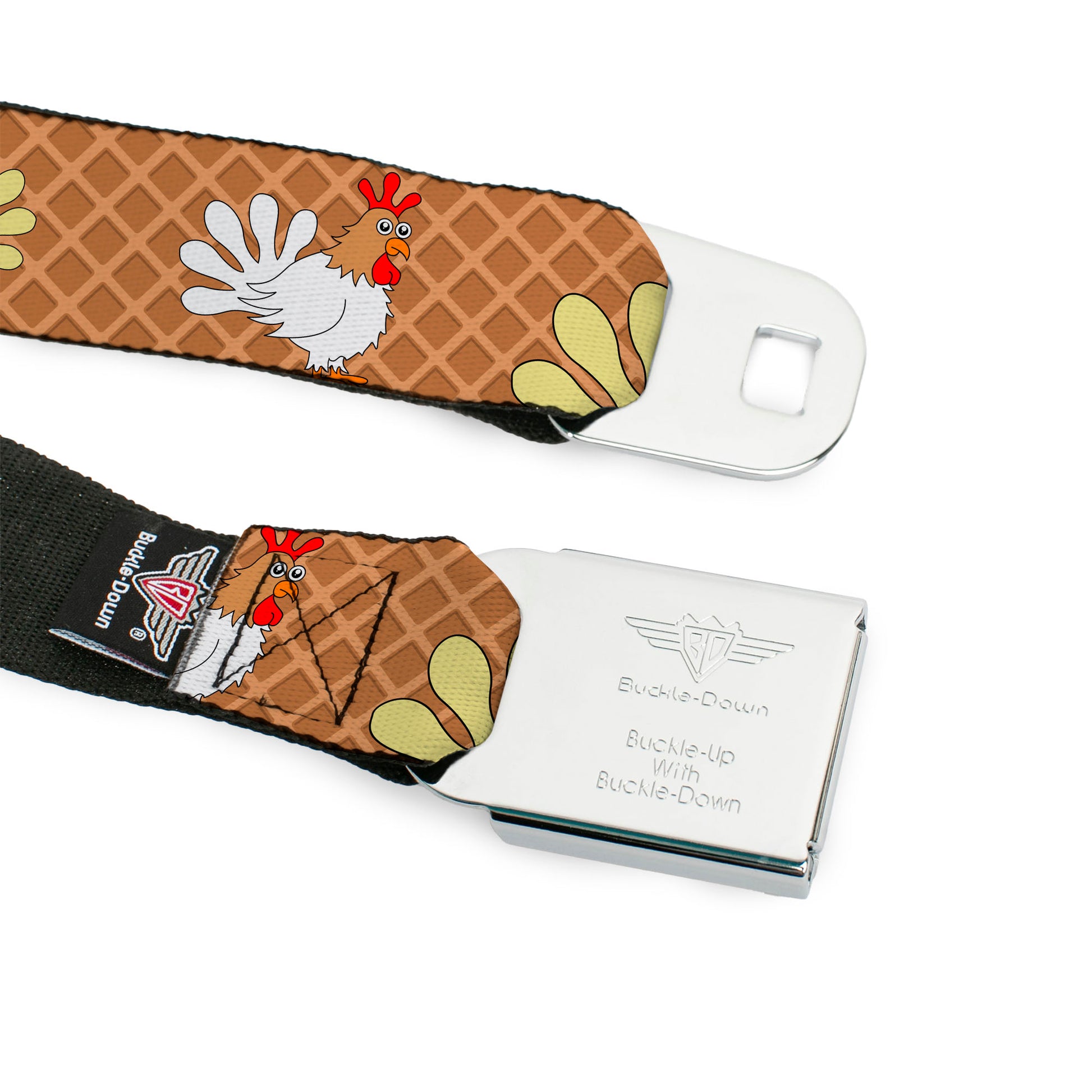 BD Wings Logo CLOSE-UP Full Color Black Silver Seatbelt Belt - Waffle/Chicken Poses Webbing Seatbelt Belts Buckle-Down