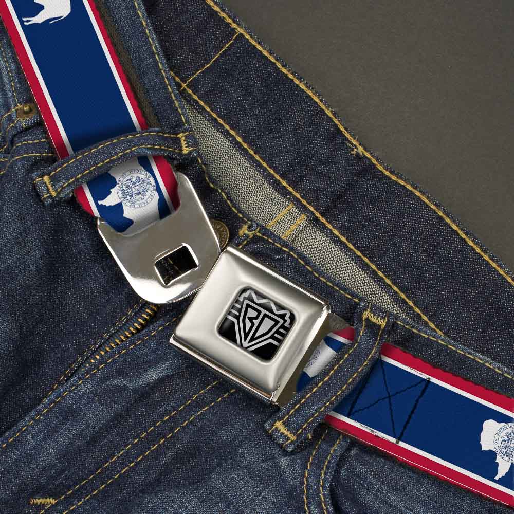 BD Wings Logo CLOSE-UP Full Color Black Silver Seatbelt Belt - Wyoming Flags Webbing Seatbelt Belts Buckle-Down