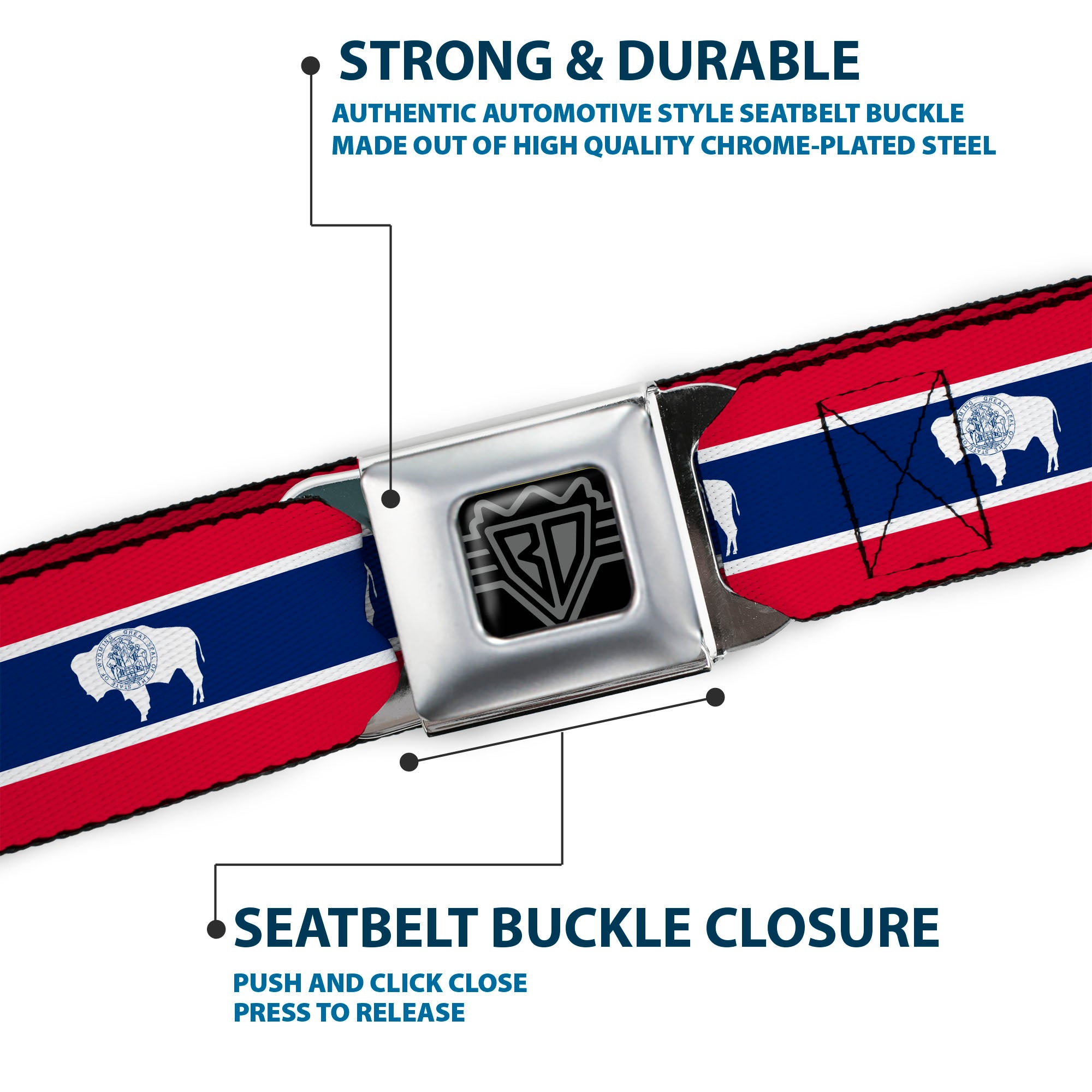 BD Wings Logo CLOSE-UP Full Color Black Silver Seatbelt Belt - Wyoming Flags Webbing Seatbelt Belts Buckle-Down