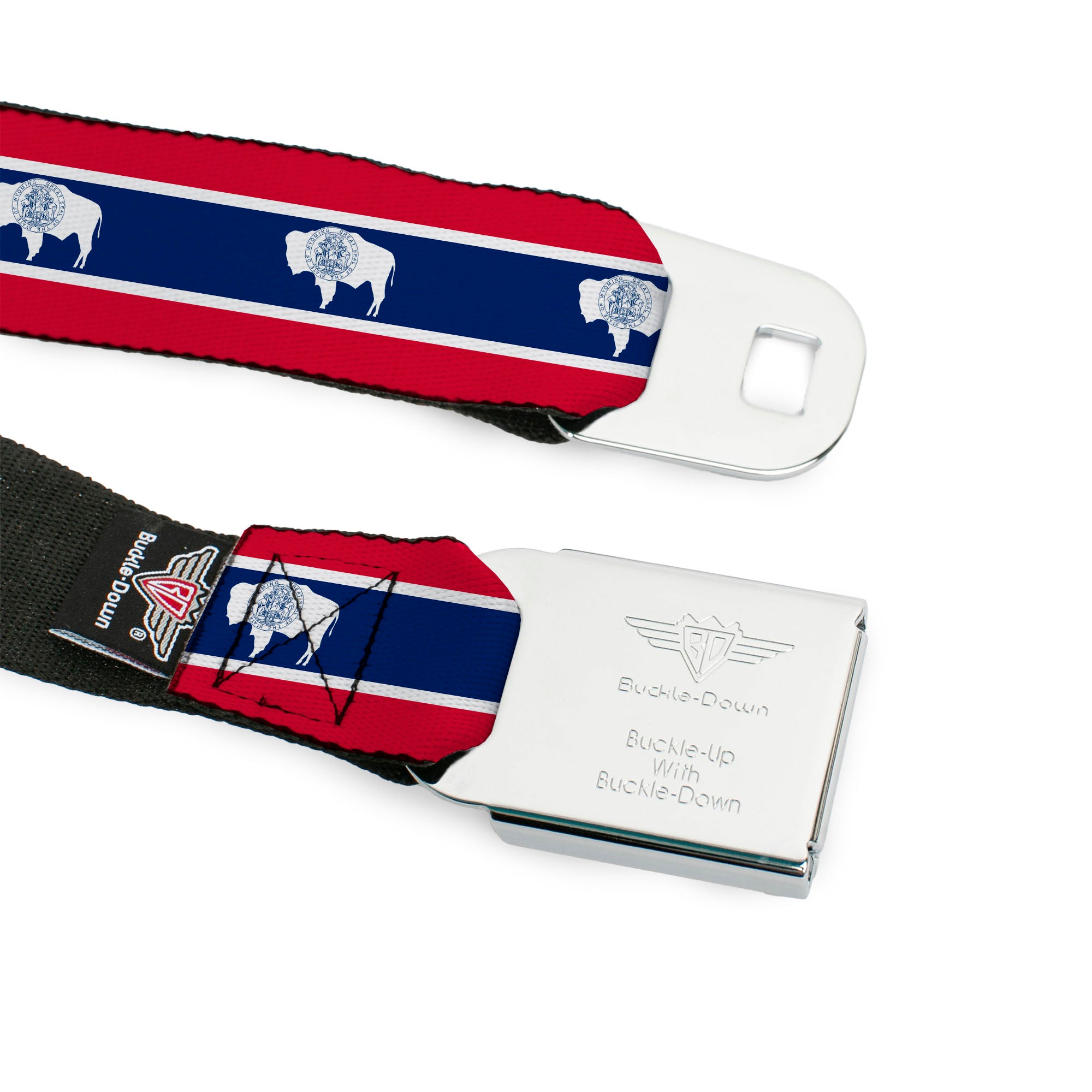 BD Wings Logo CLOSE-UP Full Color Black Silver Seatbelt Belt - Wyoming Flags Webbing Seatbelt Belts Buckle-Down