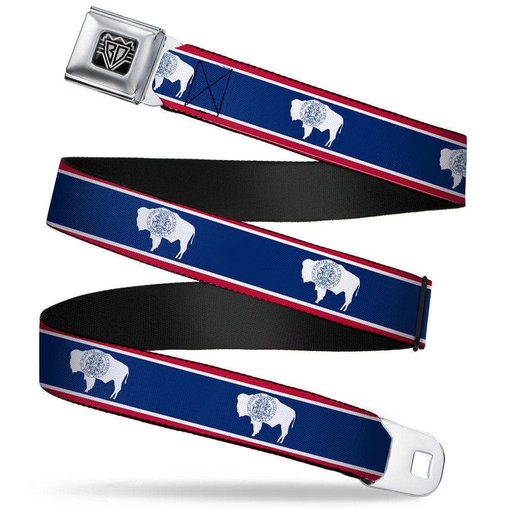 BD Wings Logo CLOSE-UP Full Color Black Silver Seatbelt Belt - Wyoming Flags Webbing Seatbelt Belts Buckle-Down