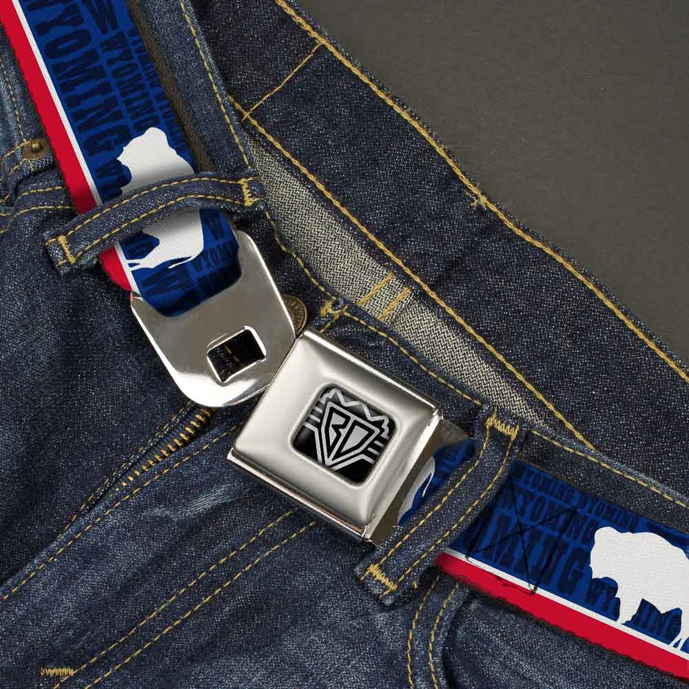 BD Wings Logo CLOSE-UP Full Color Black Silver Seatbelt Belt - Wyoming Flags/WYOMING Typography Webbing Seatbelt Belts Buckle-Down