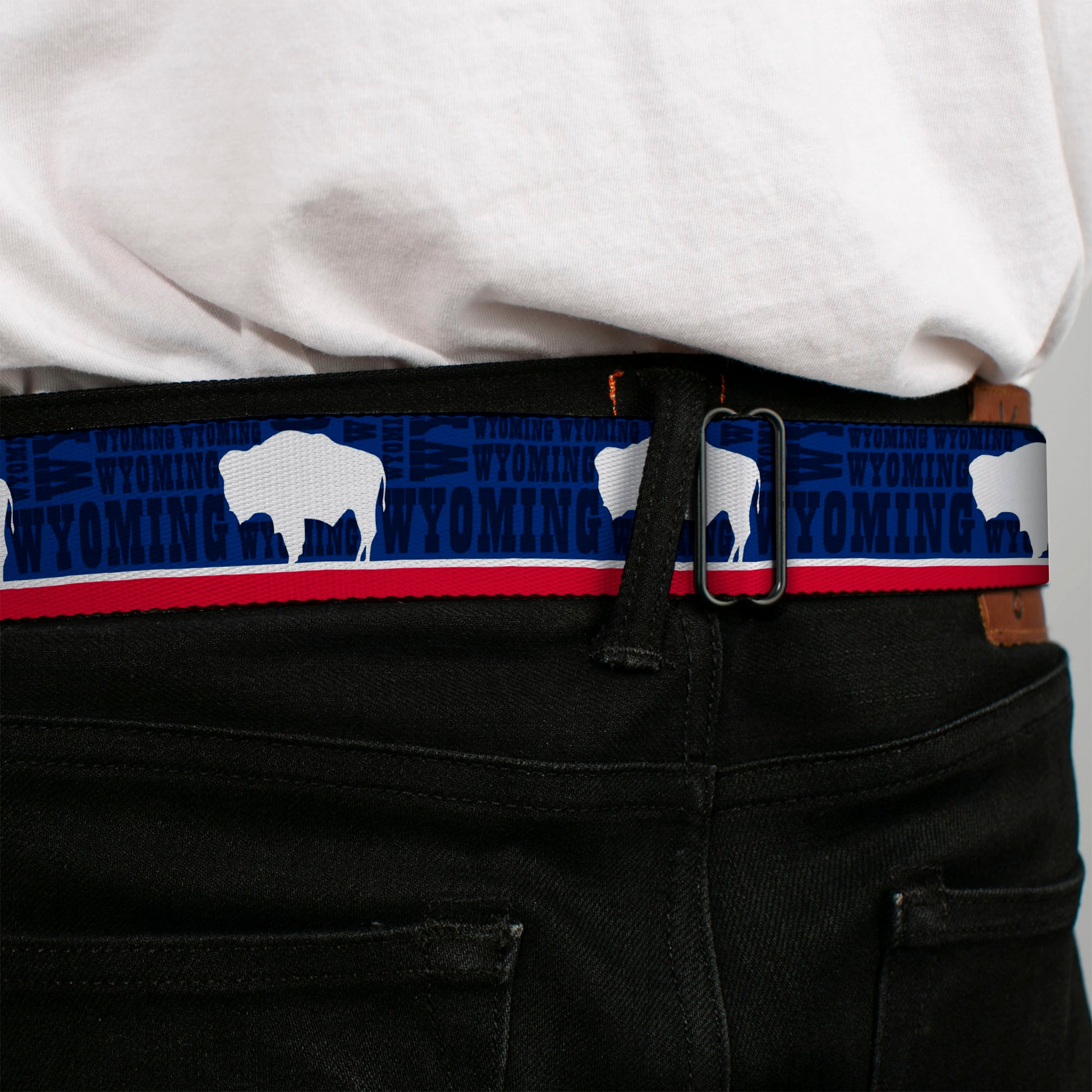 BD Wings Logo CLOSE-UP Full Color Black Silver Seatbelt Belt - Wyoming Flags/WYOMING Typography Webbing Seatbelt Belts Buckle-Down