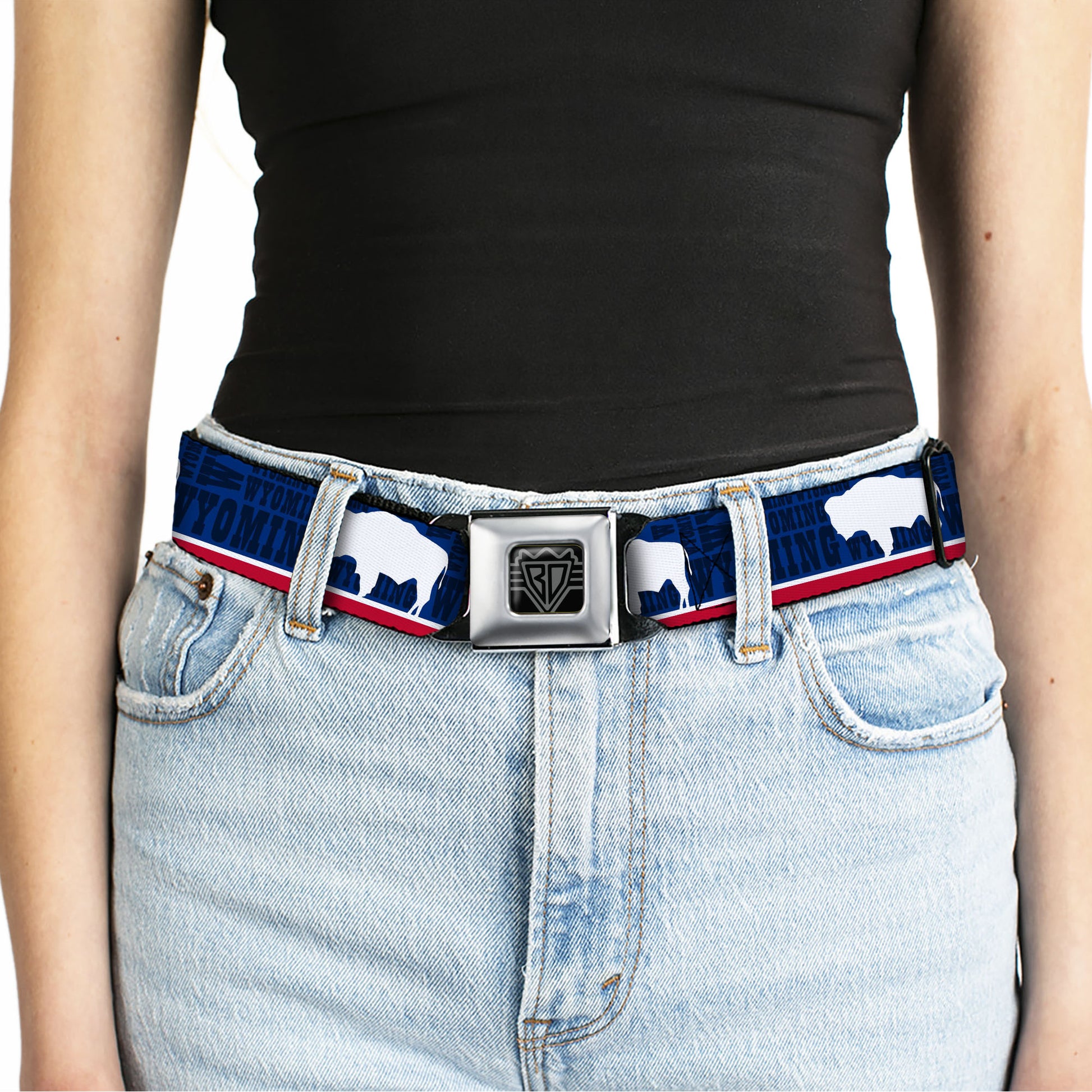 BD Wings Logo CLOSE-UP Full Color Black Silver Seatbelt Belt - Wyoming Flags/WYOMING Typography Webbing Seatbelt Belts Buckle-Down