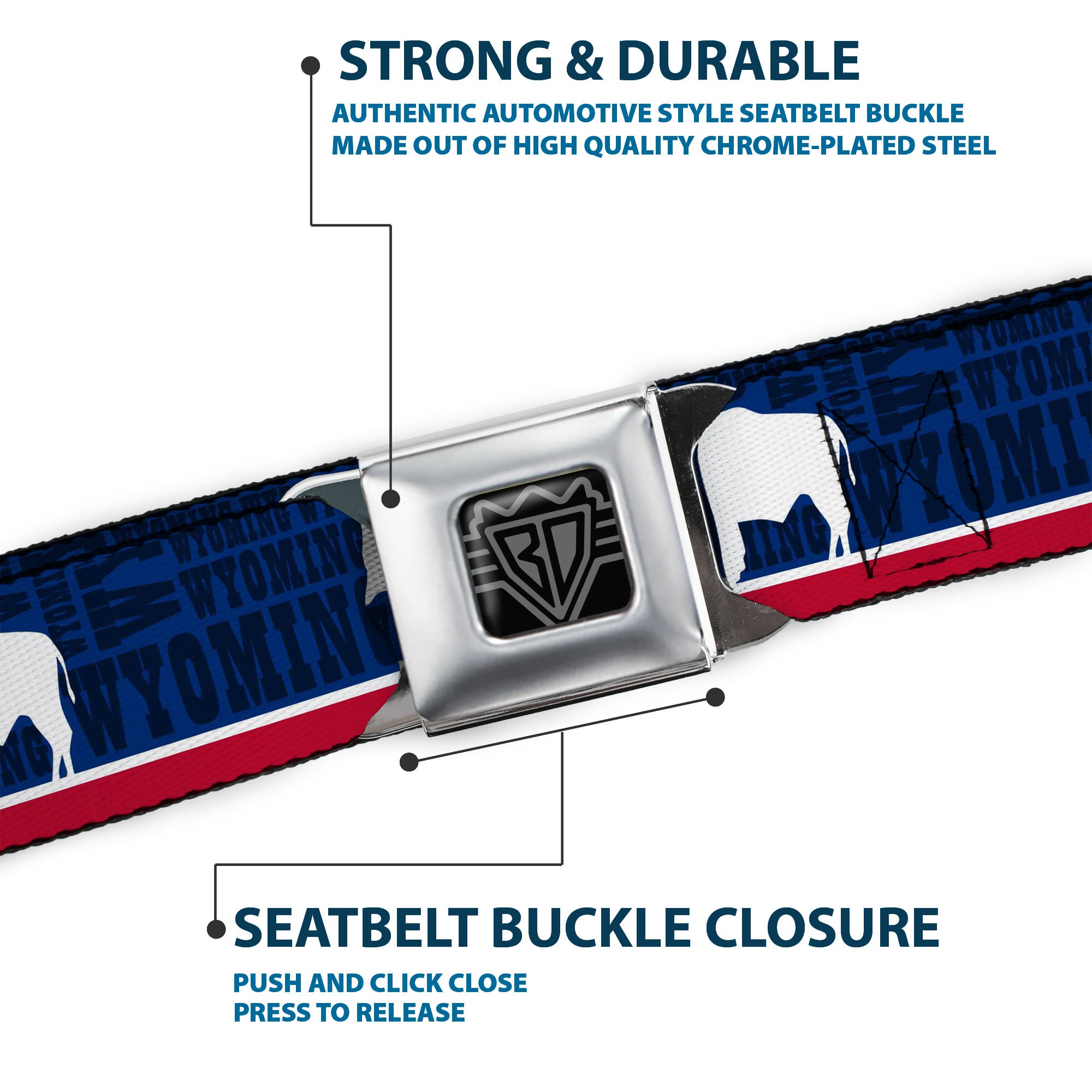 BD Wings Logo CLOSE-UP Full Color Black Silver Seatbelt Belt - Wyoming Flags/WYOMING Typography Webbing Seatbelt Belts Buckle-Down